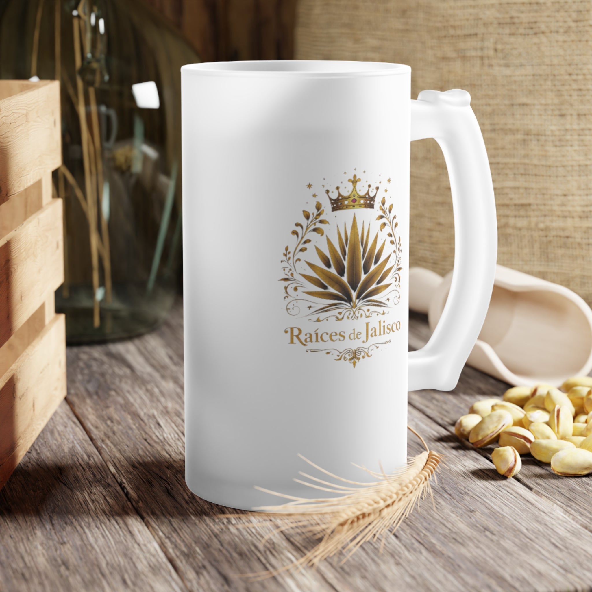 Frosted Beer Mug – 'Raíces de Jalisco' Agave Crest Frosted Glass Stein
