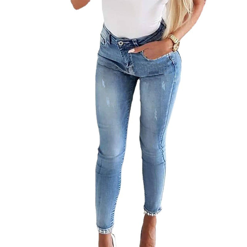 Slim Fit Butterfly Applique Beaded Split Skinny Pencil Jeans for Women, High Waist, Stretch Denim, Casual Fashion Pants