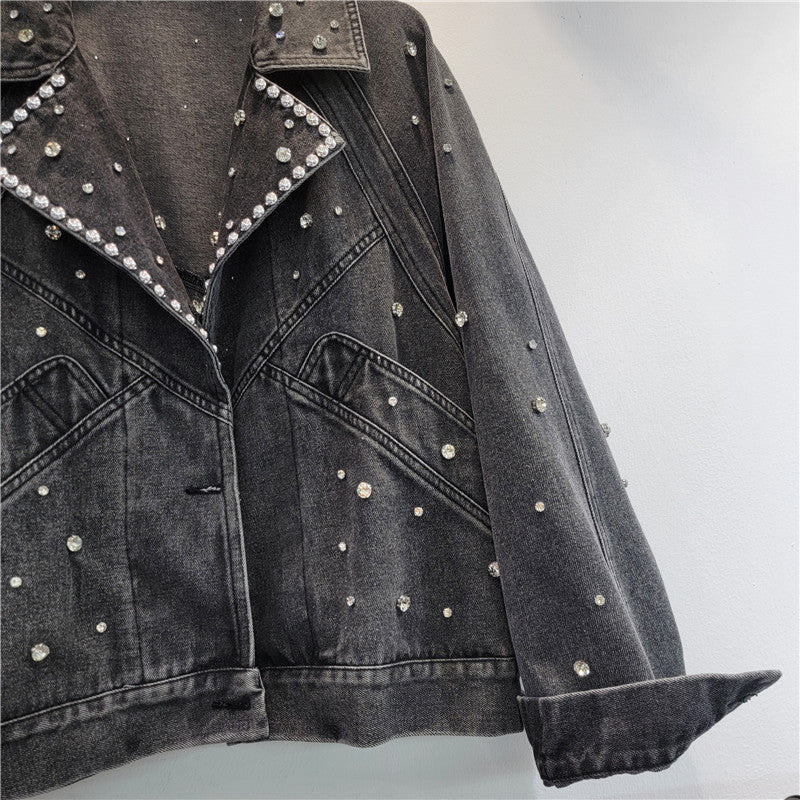 bead studded diamond retro motorcycle denim jacket women's jacket