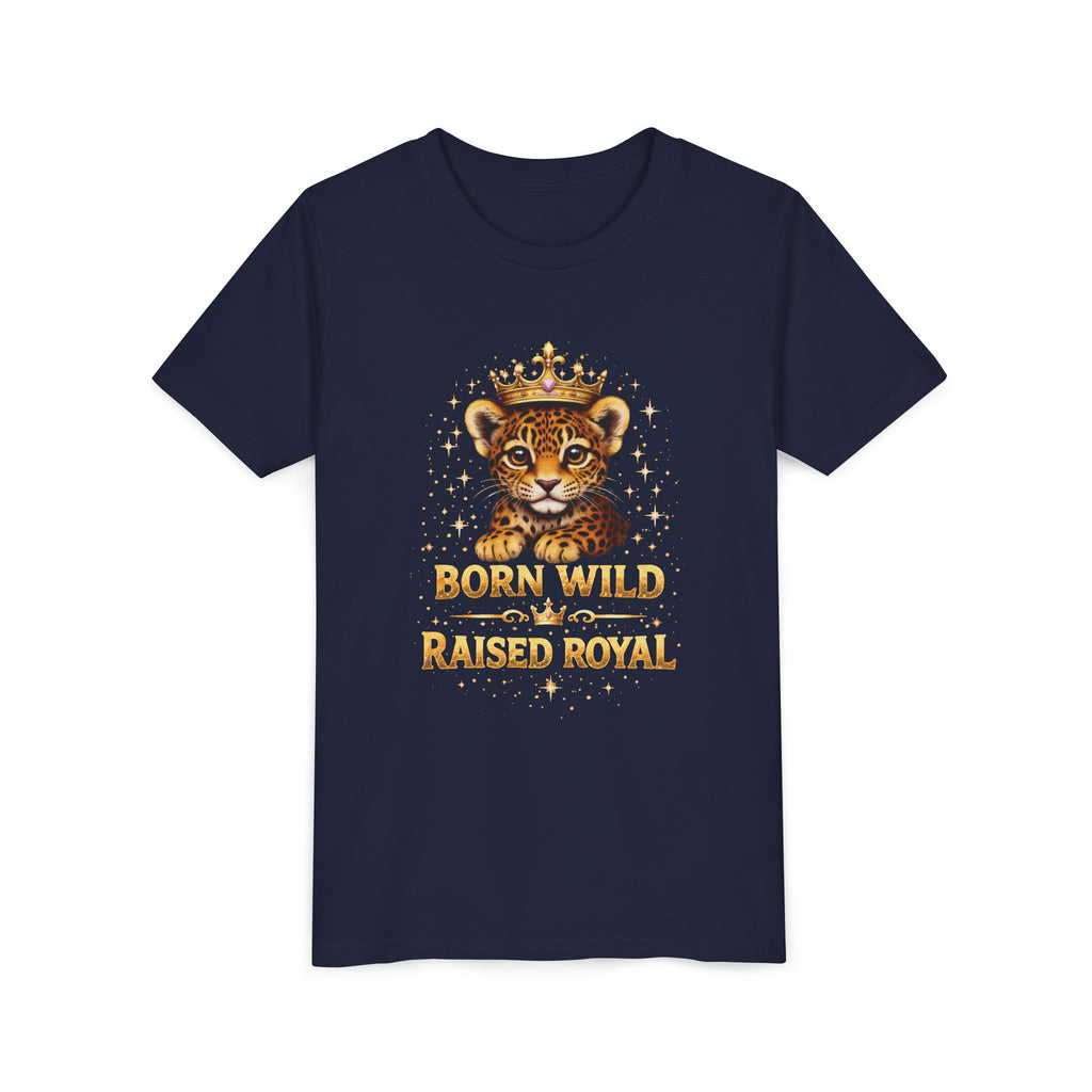 Youth Tee — "Born Wild Raised Royal" Crowned Jaguar Cub Kids T-Shirt