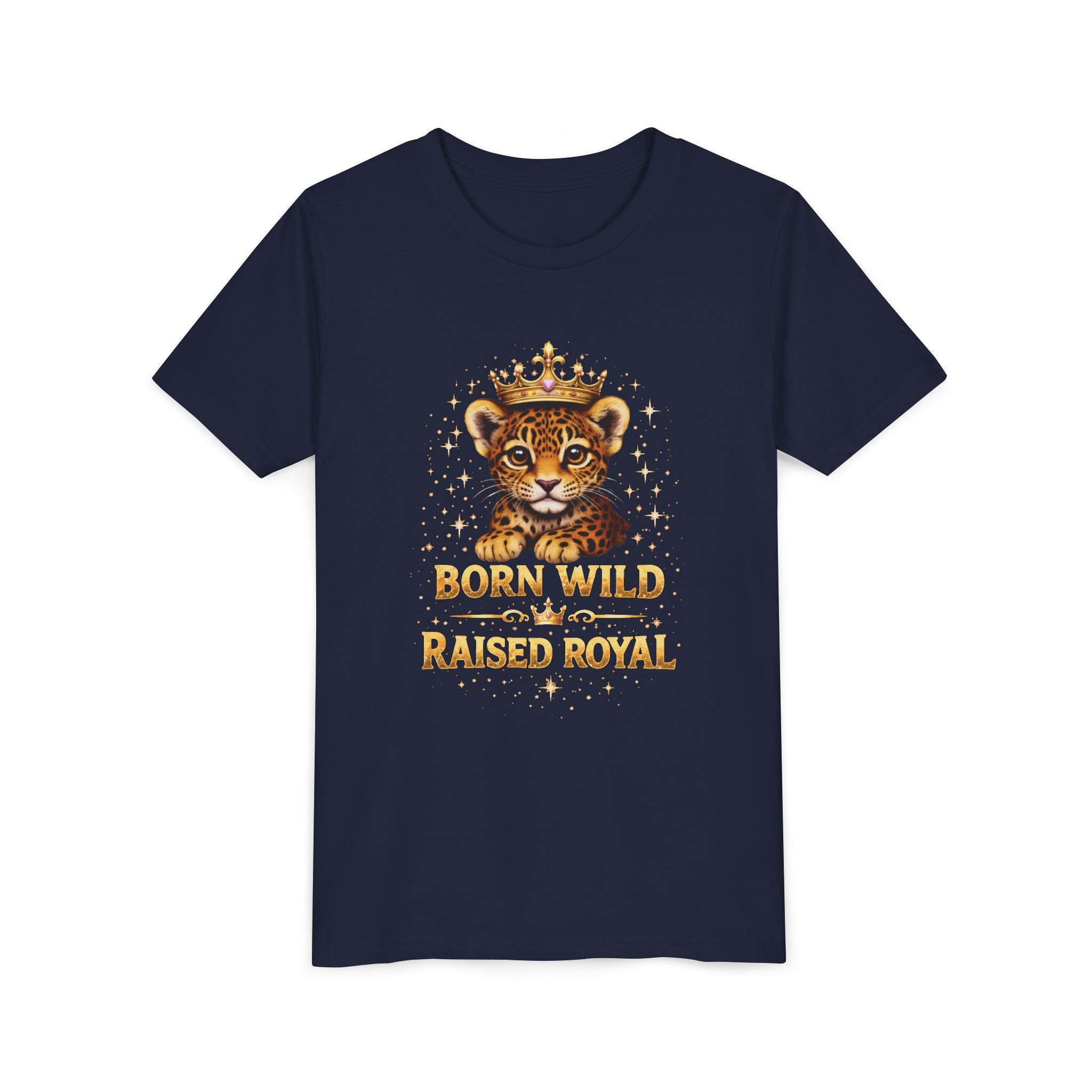 Youth Tee — "Born Wild Raised Royal" Crowned Jaguar Cub Kids T-Shirt