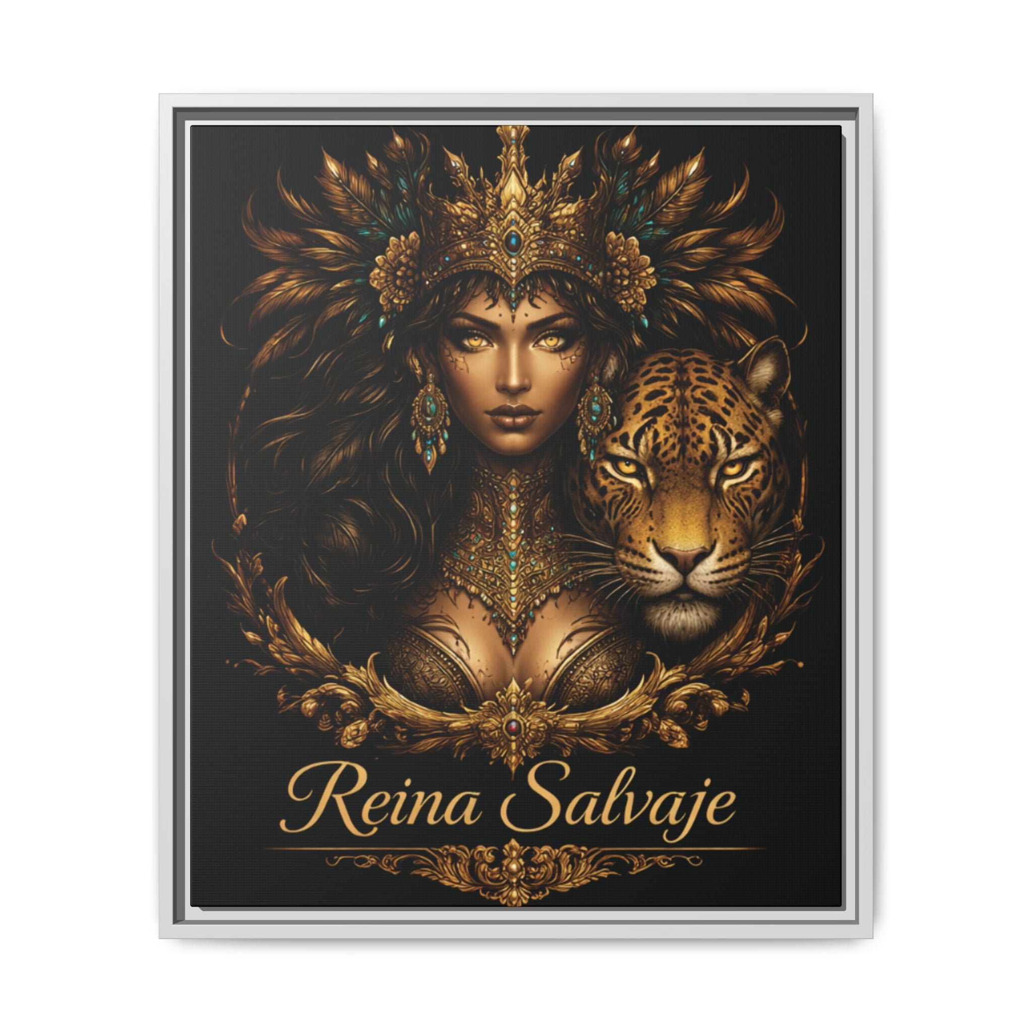 Reina Salvaje Matte Framed Canvas Art — Golden Goddess & Tiger Wall Decor