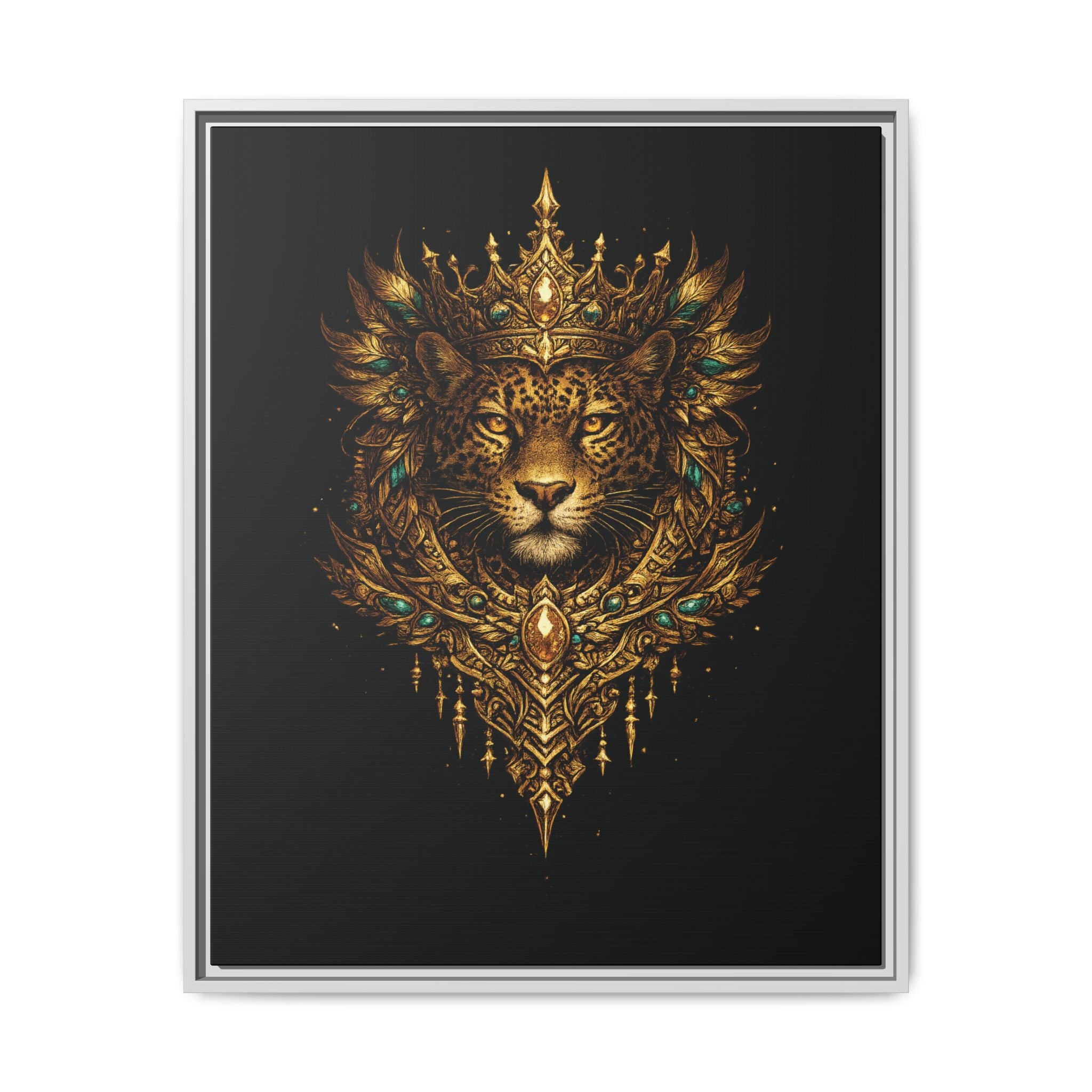 Golden Crowned Jaguar Canvas Art — Gold Crowned Lion Matte Framed Print
