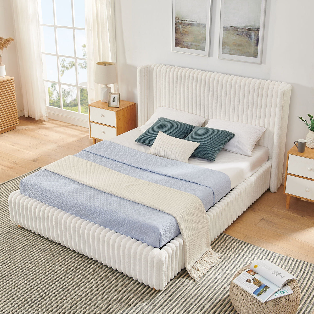 Functional Vertical Striped Bed with Gas Lift Storage - Beige