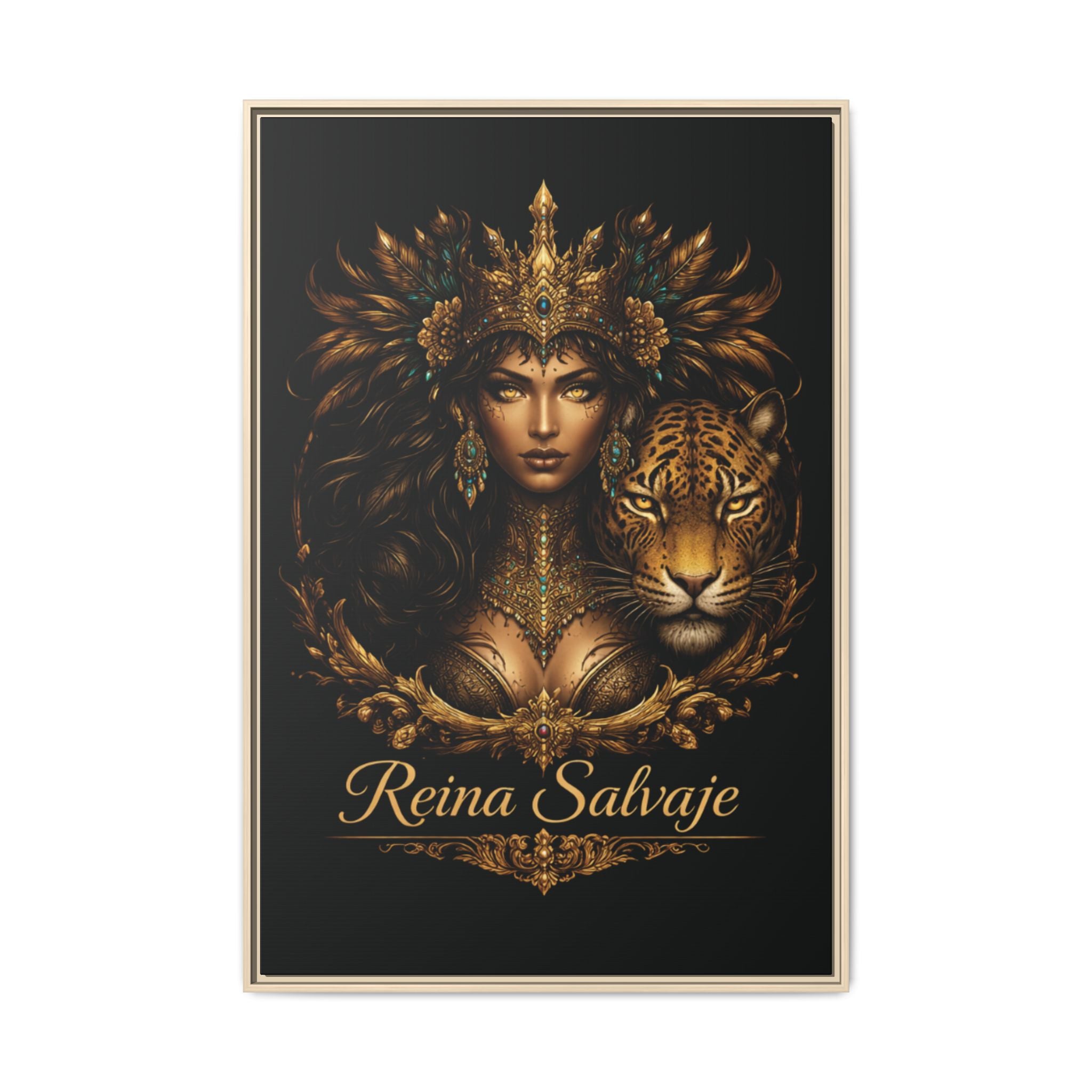 Reina Salvaje Matte Framed Canvas Art — Golden Goddess & Tiger Wall Decor