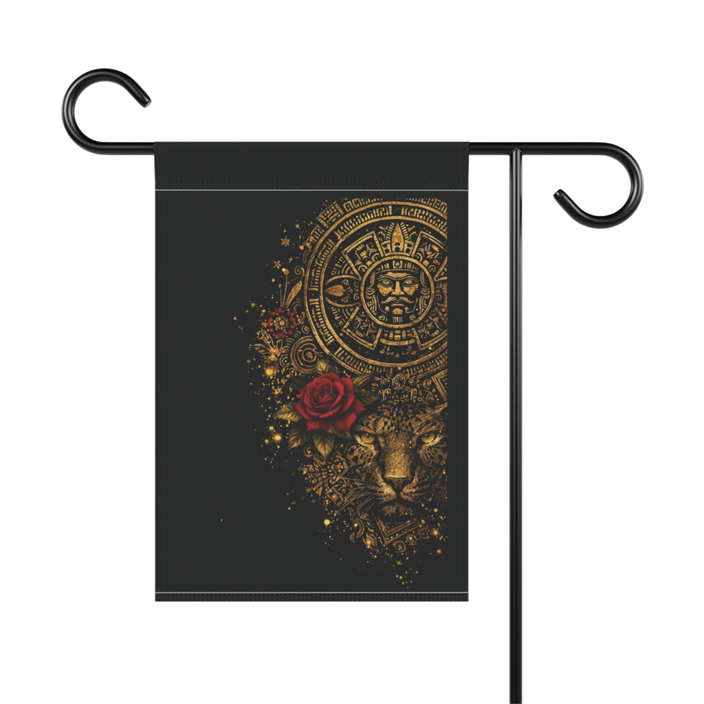 Garden Flag — Golden Aztec Jaguar with Red Rose Decorative House Banner