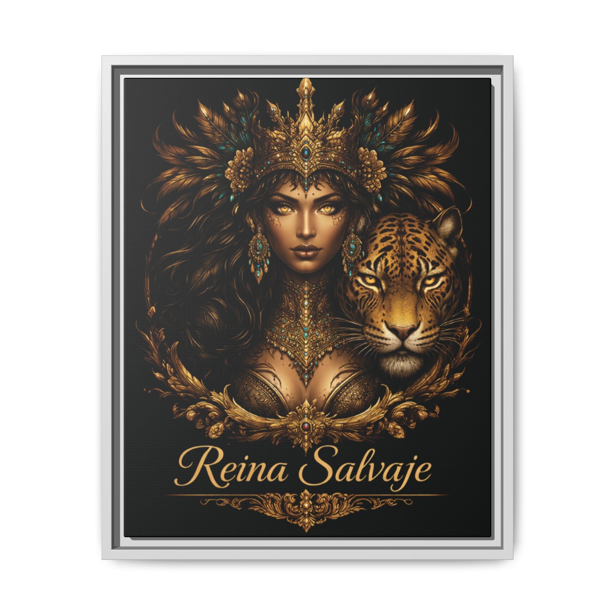 Reina Salvaje Matte Framed Canvas Art — Golden Goddess & Tiger Wall Decor