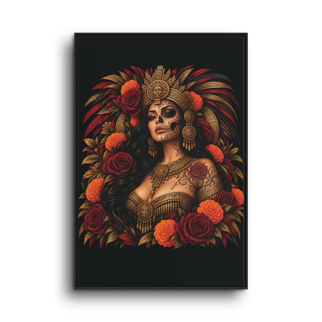 Reina Azteca: Entre Rosas y Cempasúchil | Framed Canvas Art