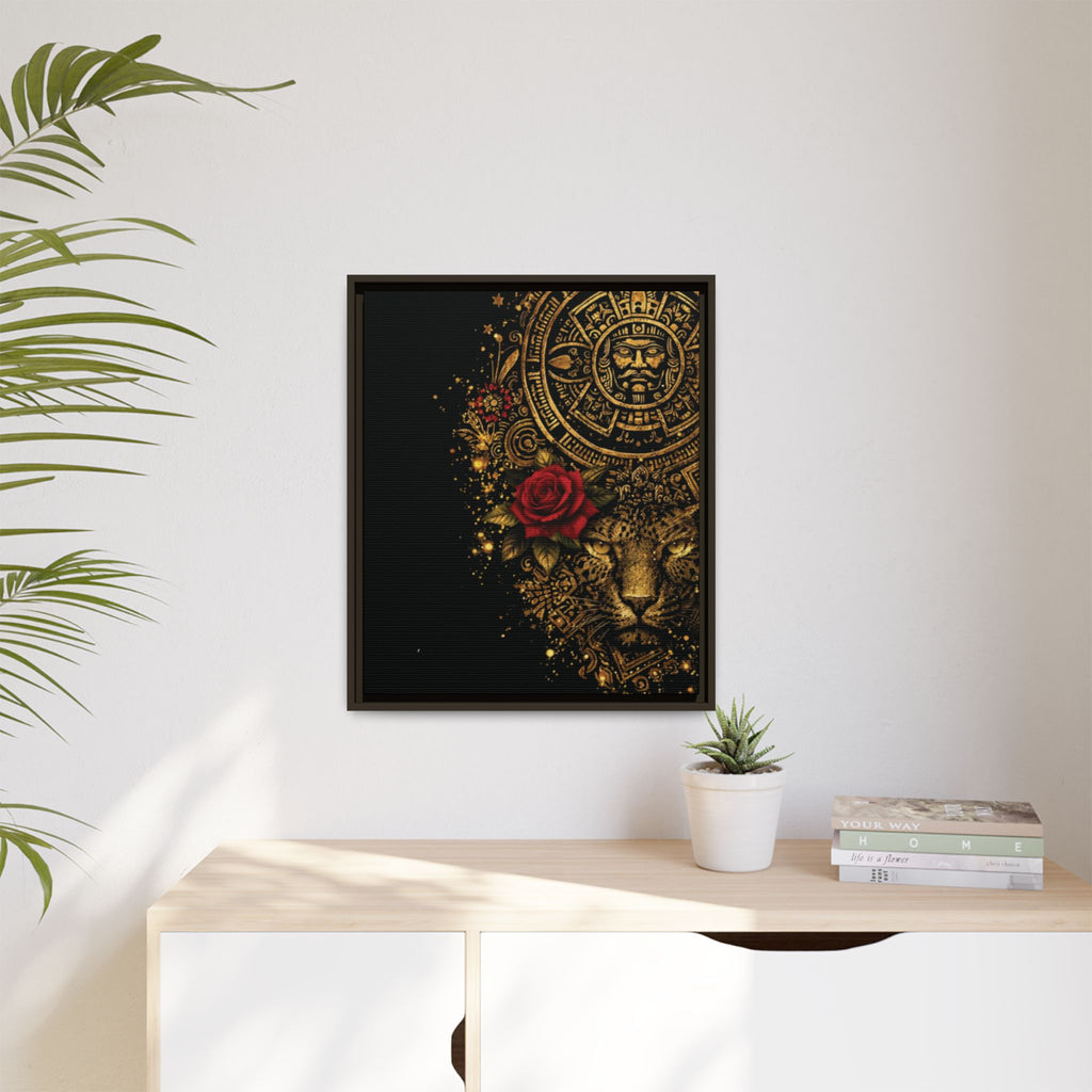 Reina Azteca Art Print — Framed Matte Canvas with Red Rose