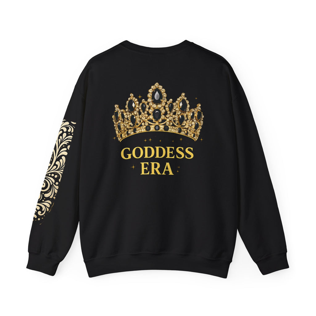 Goddess Era Crown sweatshirt |Black crewneck with gold crown and Talavera sleeve