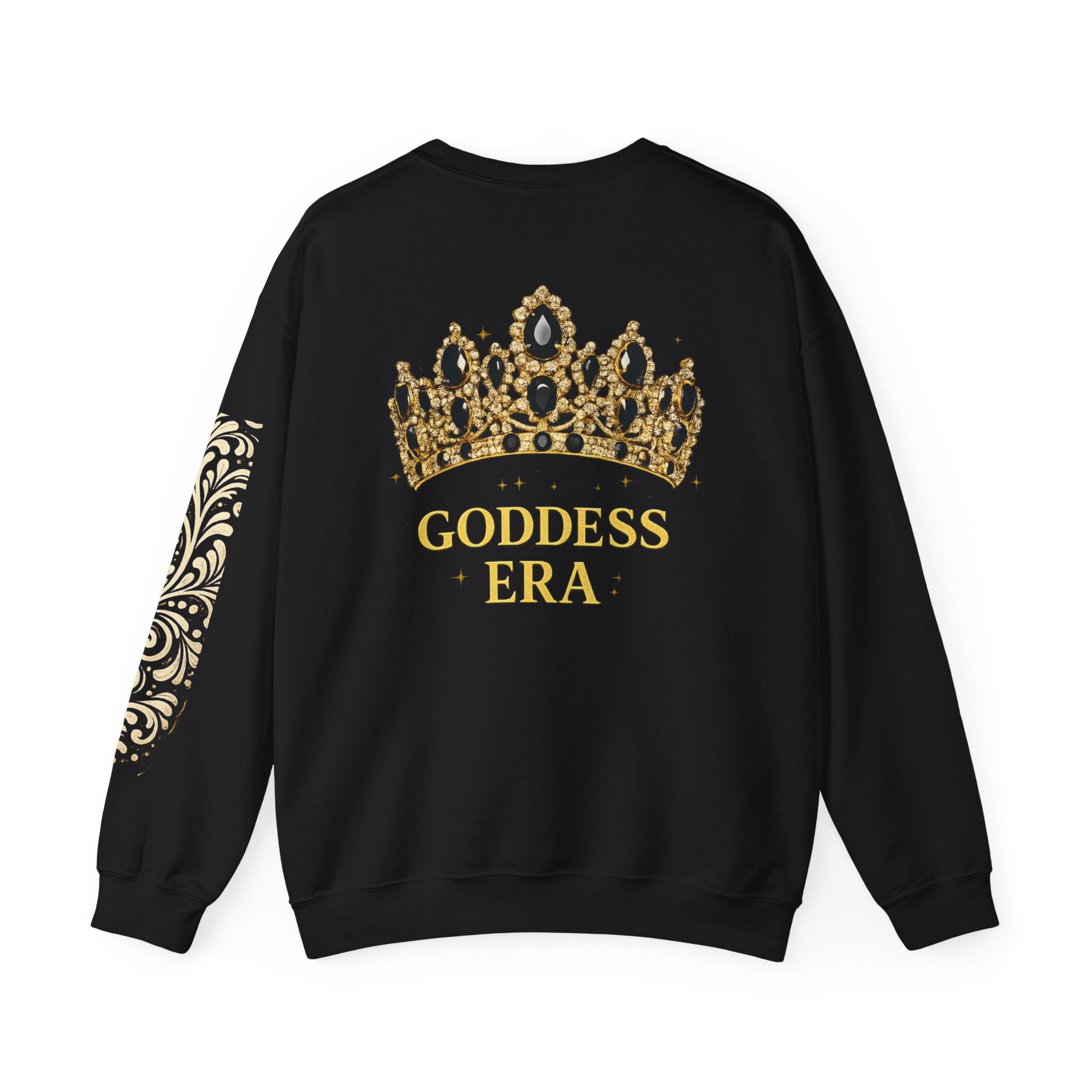 Goddess Era Crown sweatshirt |Black crewneck with gold crown and Talavera sleeve