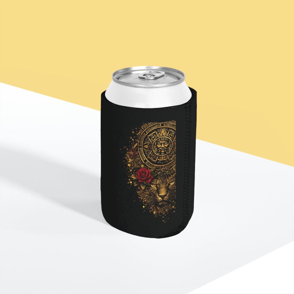 Can Cooler Sleeve — Gold Aztec Jaguar with Rose Can Cooler