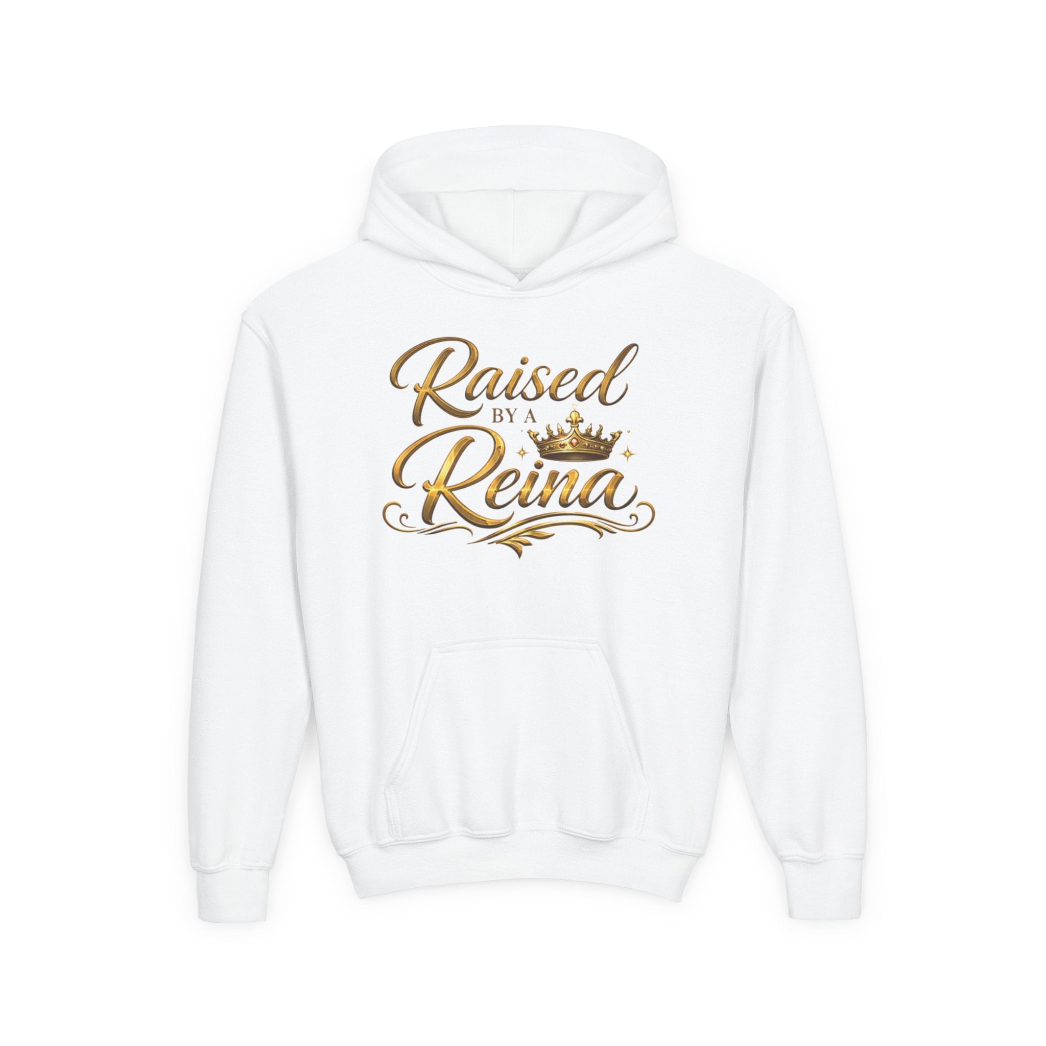 Youth Hoodie — "Raised by a Reina" Gold Script Kids Sweatshirt