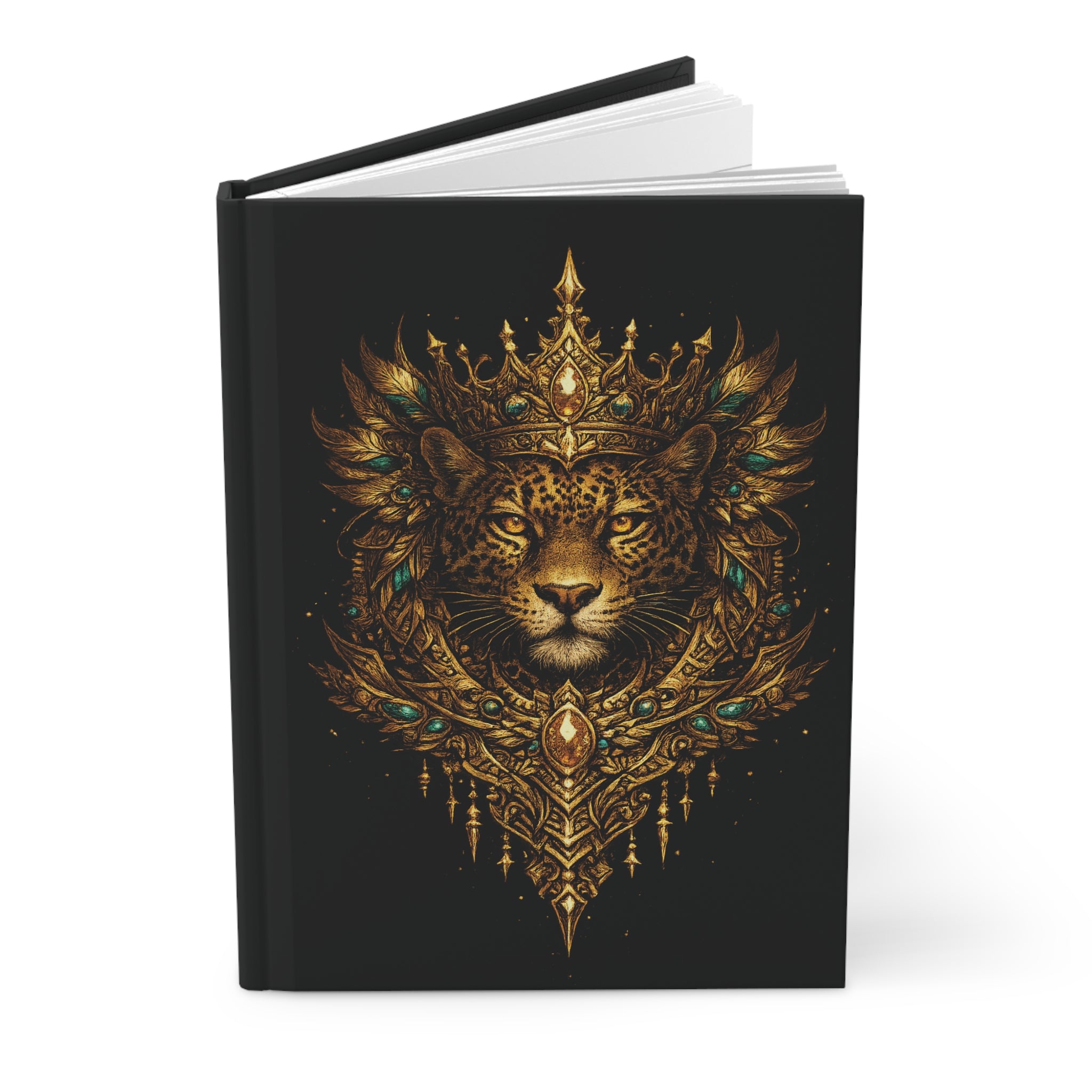 Golden Crowned Jaguar Hardcover Journal — Regal Gold Animal Illustration Notebook