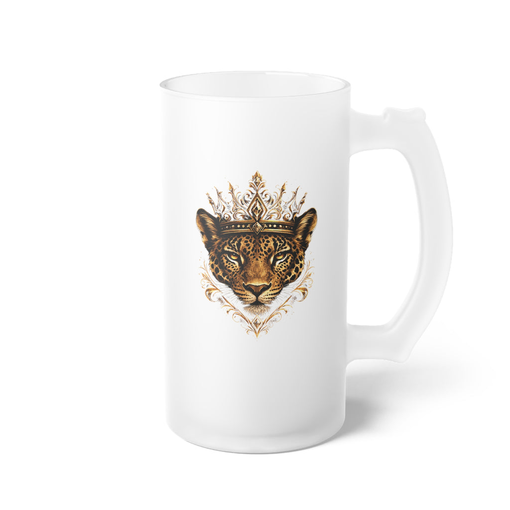 Frosted Glass Beer Mug — Regal Jaguar Crown Design