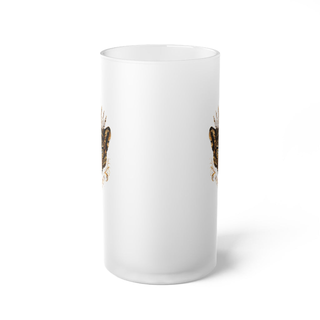 Frosted Glass Beer Mug — Regal Jaguar Crown Design