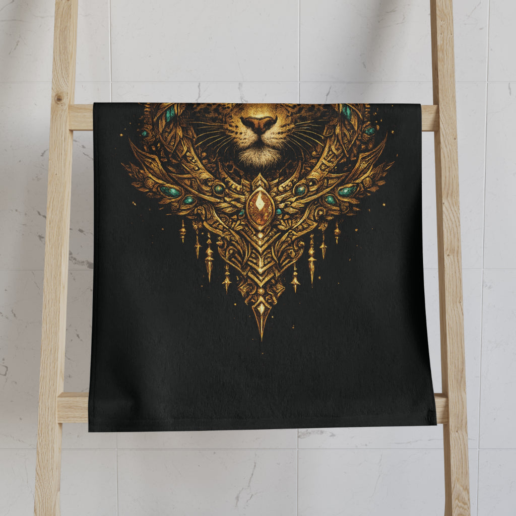 Regal Jaguar Hand Towel — Ornate Gold Lioness Crown Design