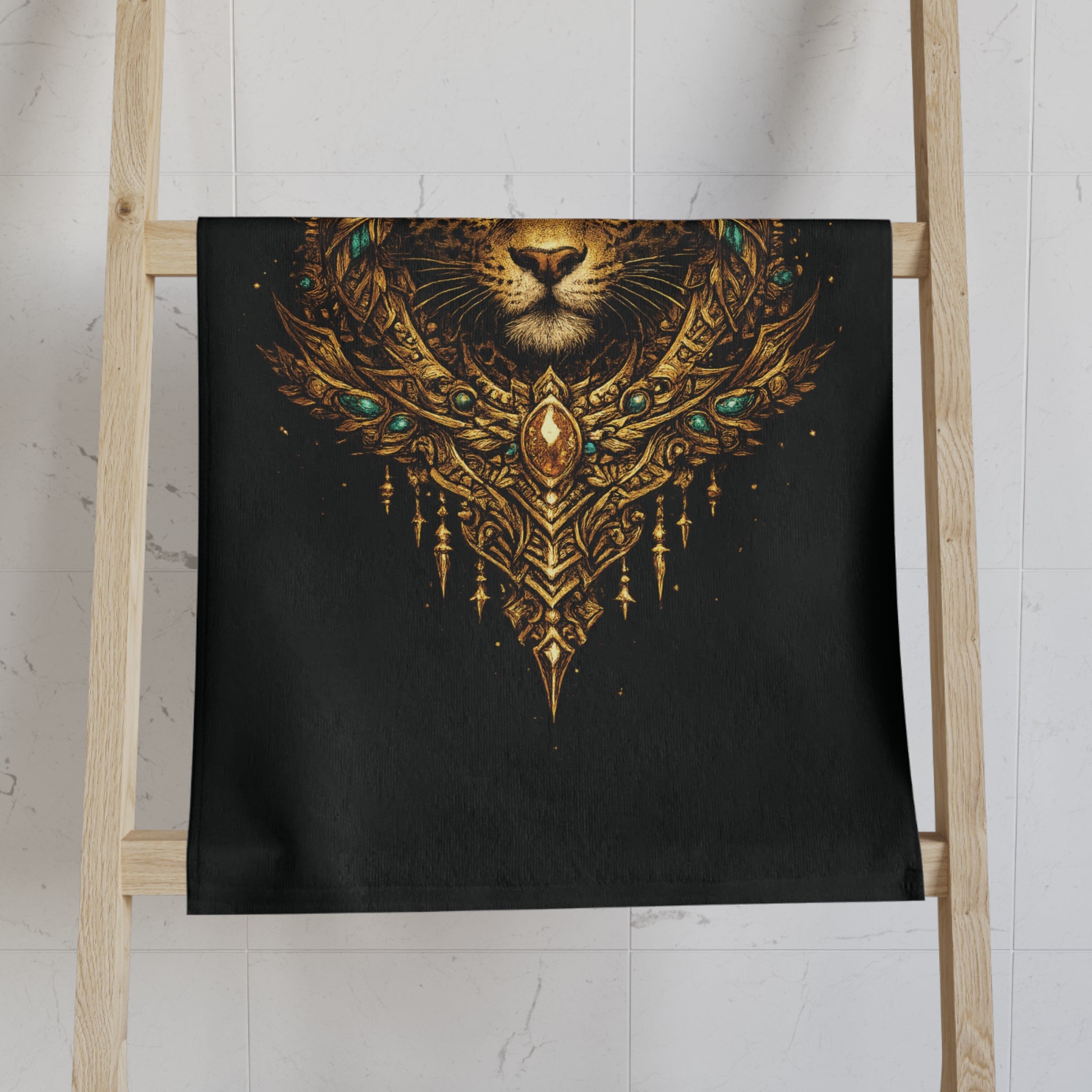 Regal Jaguar Hand Towel — Ornate Gold Lioness Crown Design