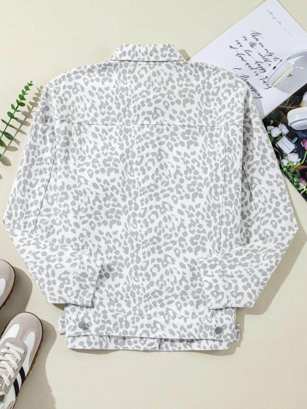 Leopard Button Up Long Sleeve Denim Jacket for Women