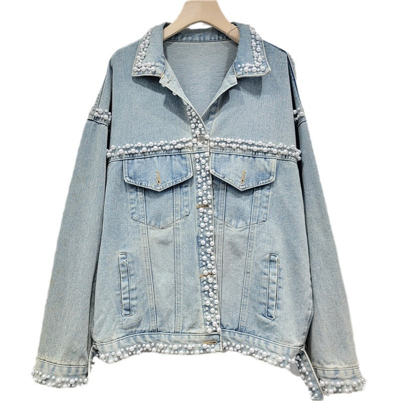 Women's Denim Coat Washed Light Blue Perals Embroidered Flares Single Breasted Jackets  Autumn New Fashion