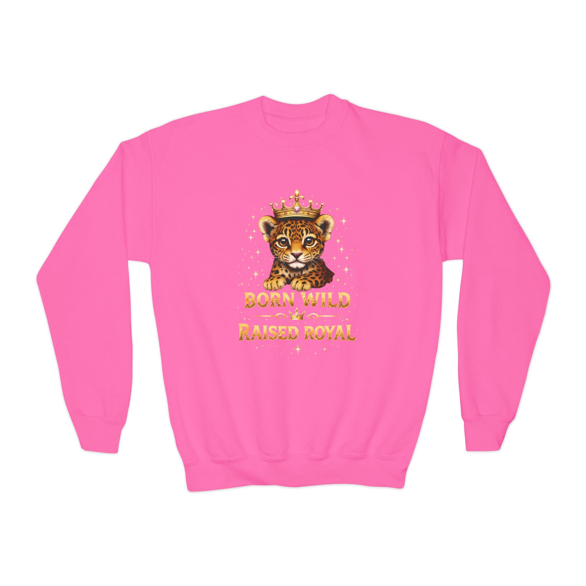 Youth Crewneck Sweatshirt — "Born Wild Raised Royal" Jaguar Cub Graphic