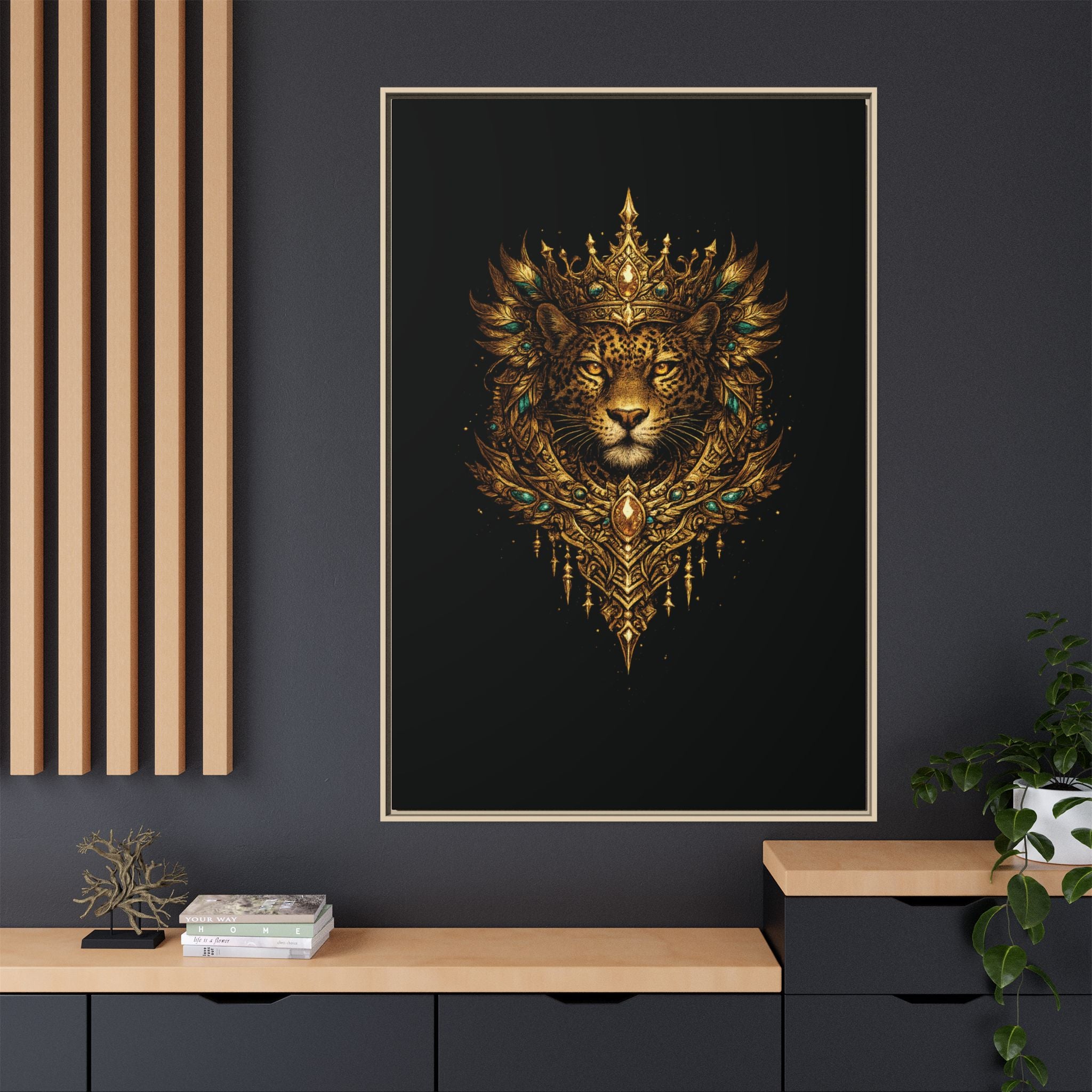Golden Crowned Jaguar Canvas Art — Gold Crowned Lion Matte Framed Print