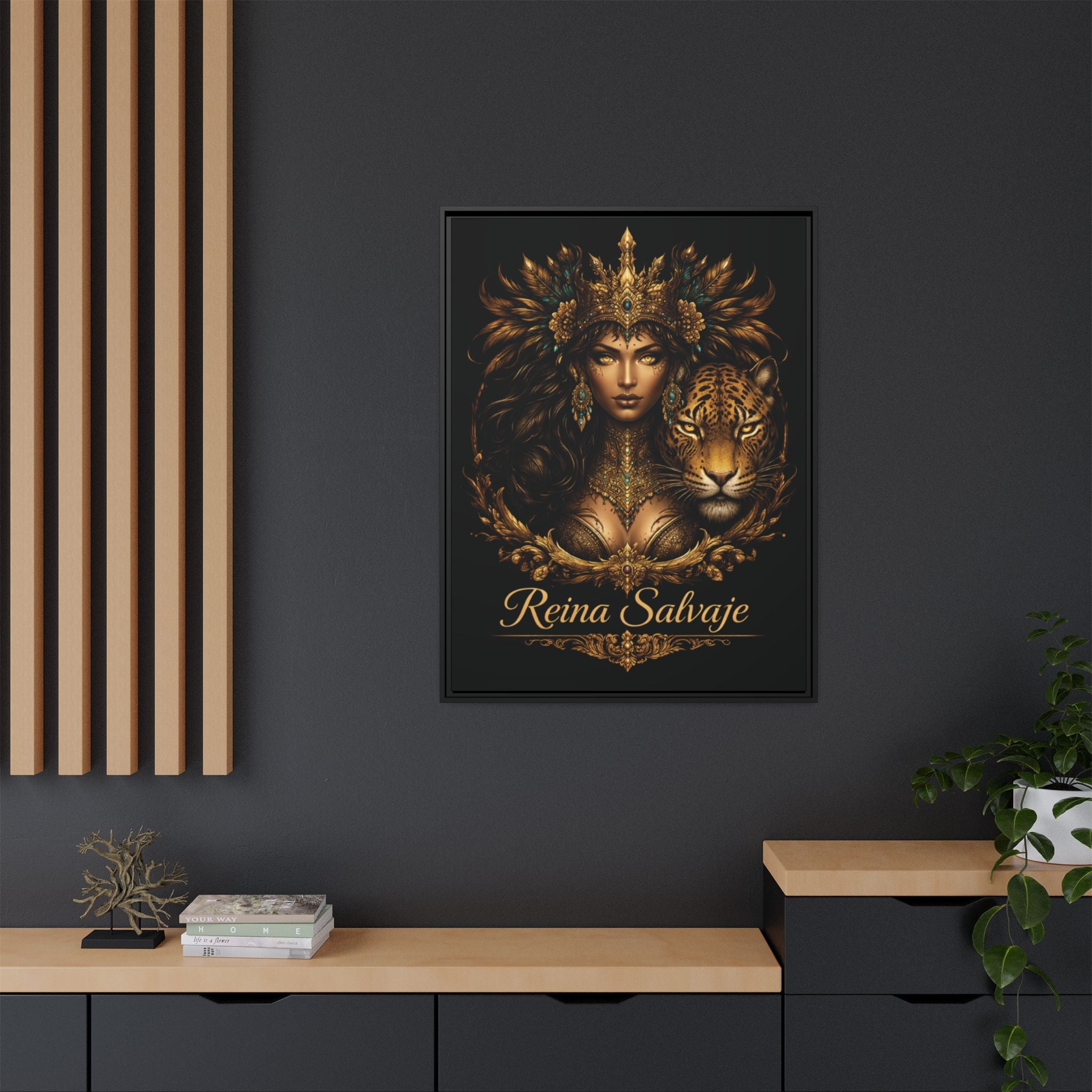 Reina Salvaje Matte Framed Canvas Art — Golden Goddess & Tiger Wall Decor