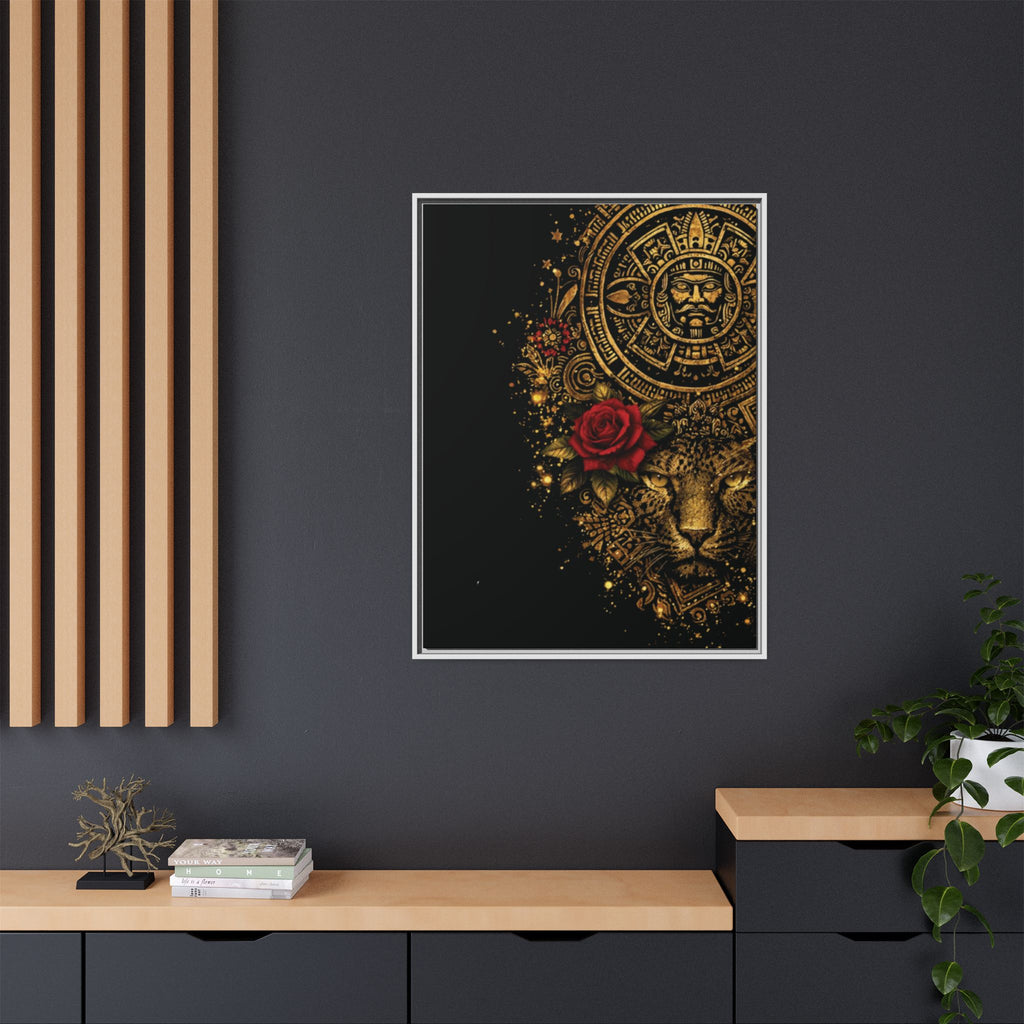 Reina Azteca Art Print — Framed Matte Canvas with Red Rose