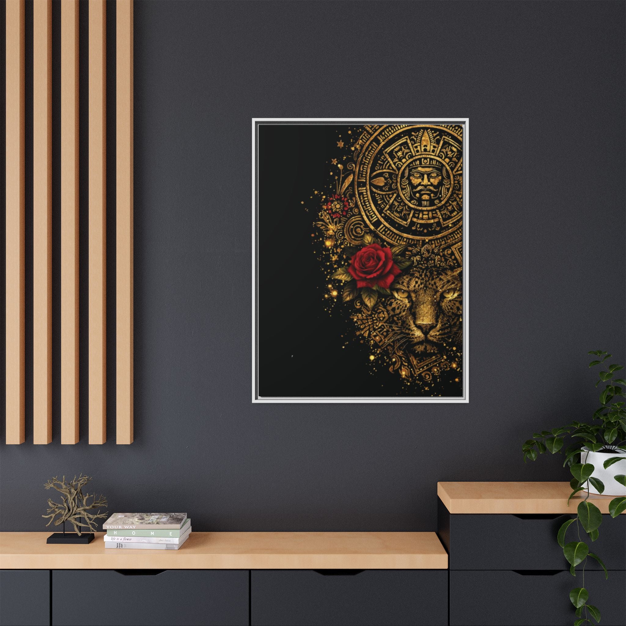 Reina Azteca Art Print — Framed Matte Canvas with Red Rose