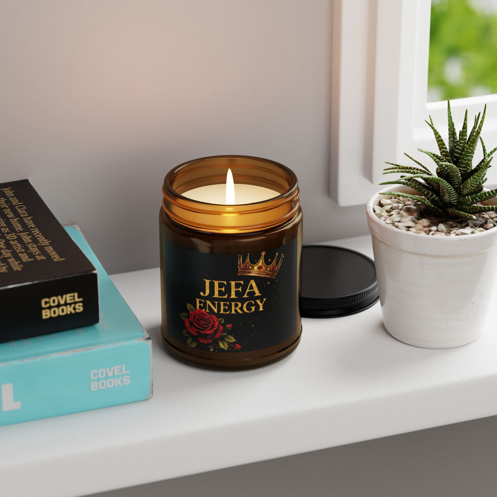 Jefa Energy Soy Candle — Amber Jar Scented Candle with Rose & Crown Design