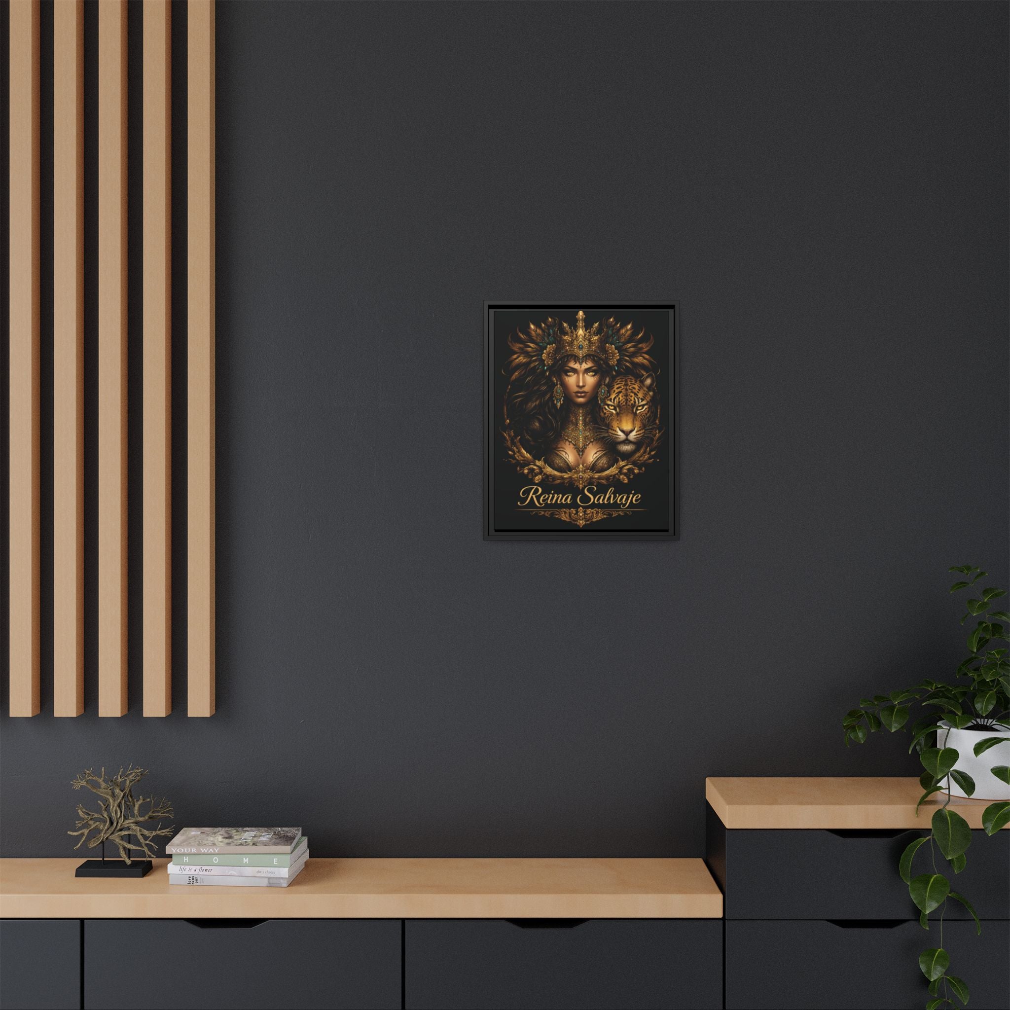 Reina Salvaje Matte Framed Canvas Art — Golden Goddess & Tiger Wall Decor
