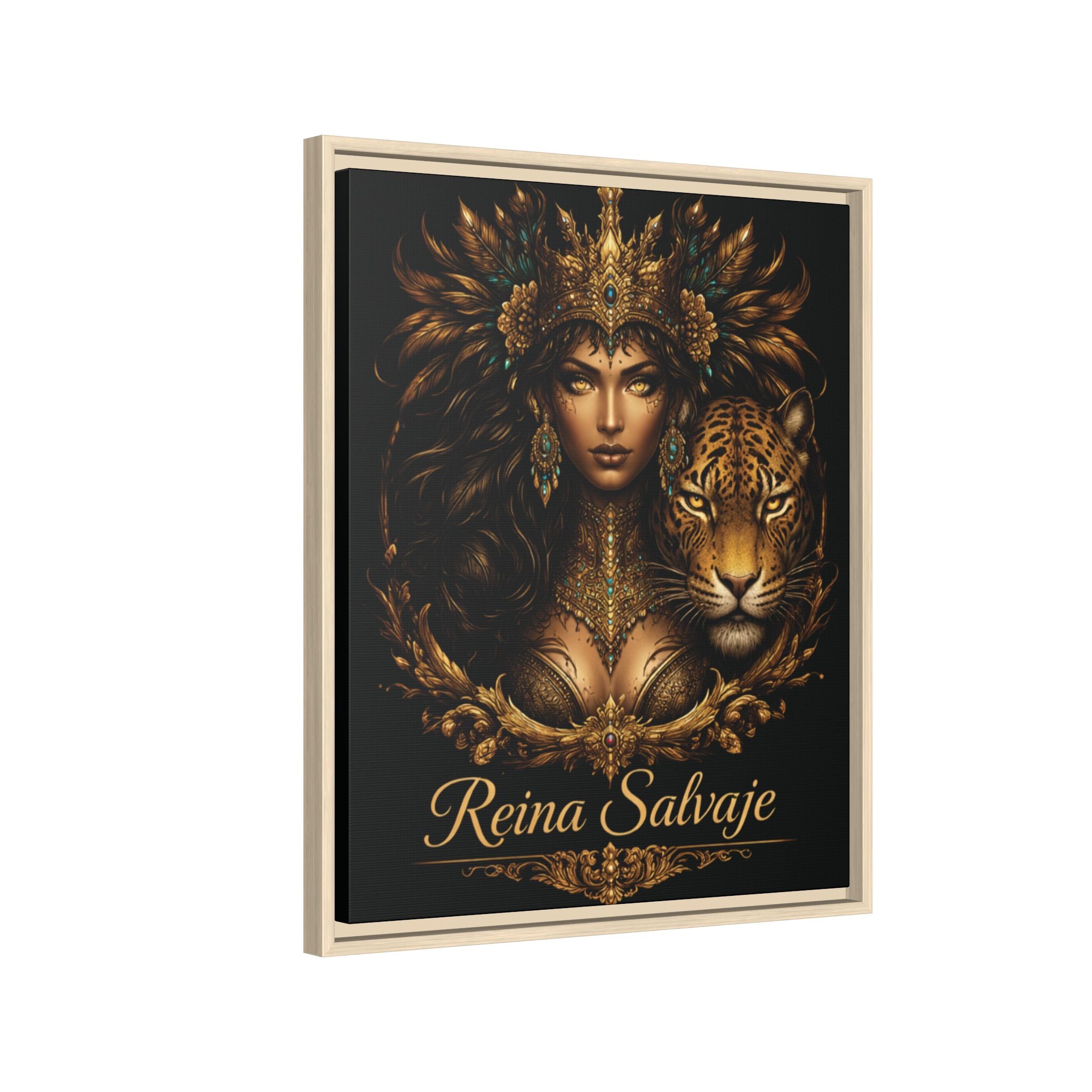Reina Salvaje Matte Framed Canvas Art — Golden Goddess & Tiger Wall Decor