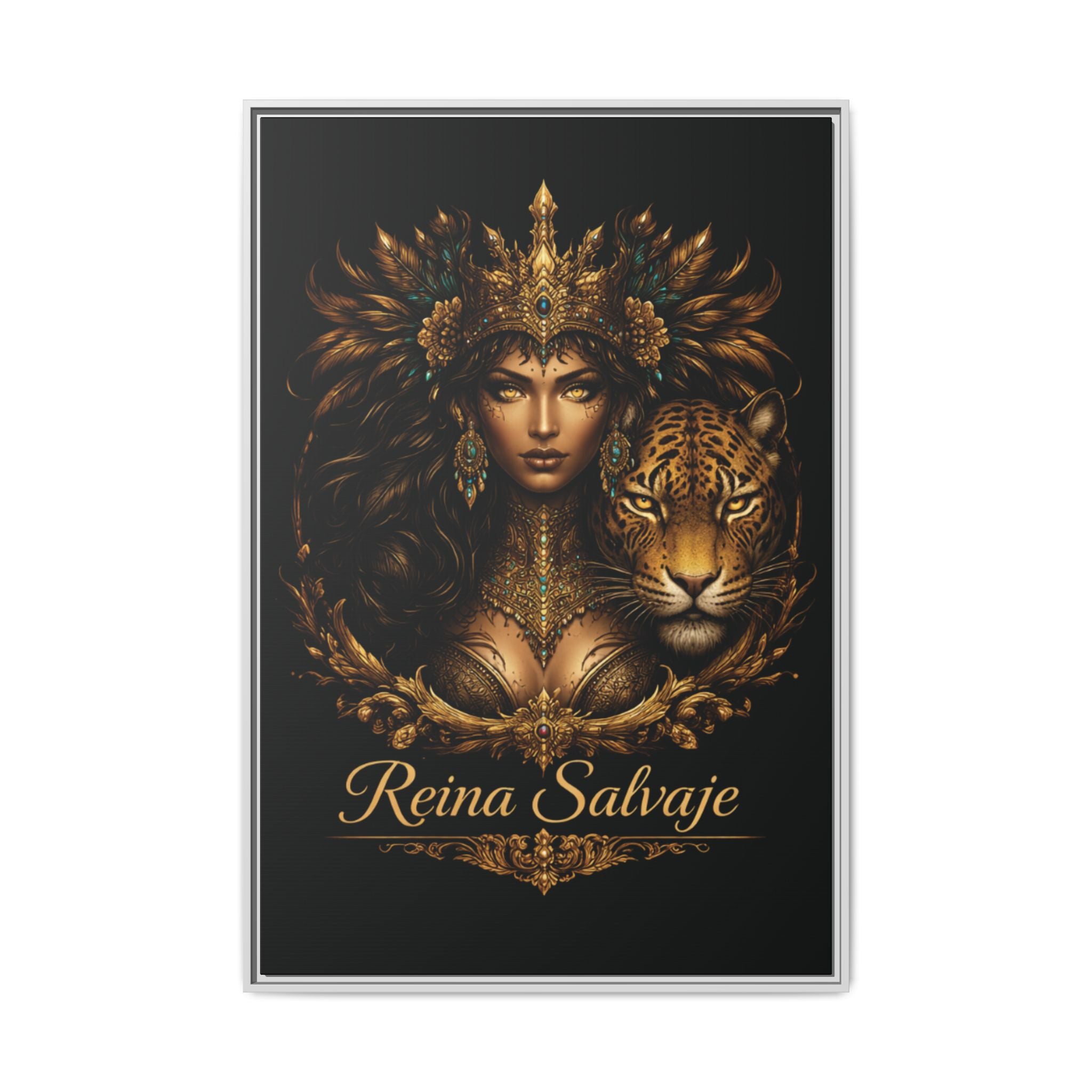 Reina Salvaje Matte Framed Canvas Art — Golden Goddess & Tiger Wall Decor