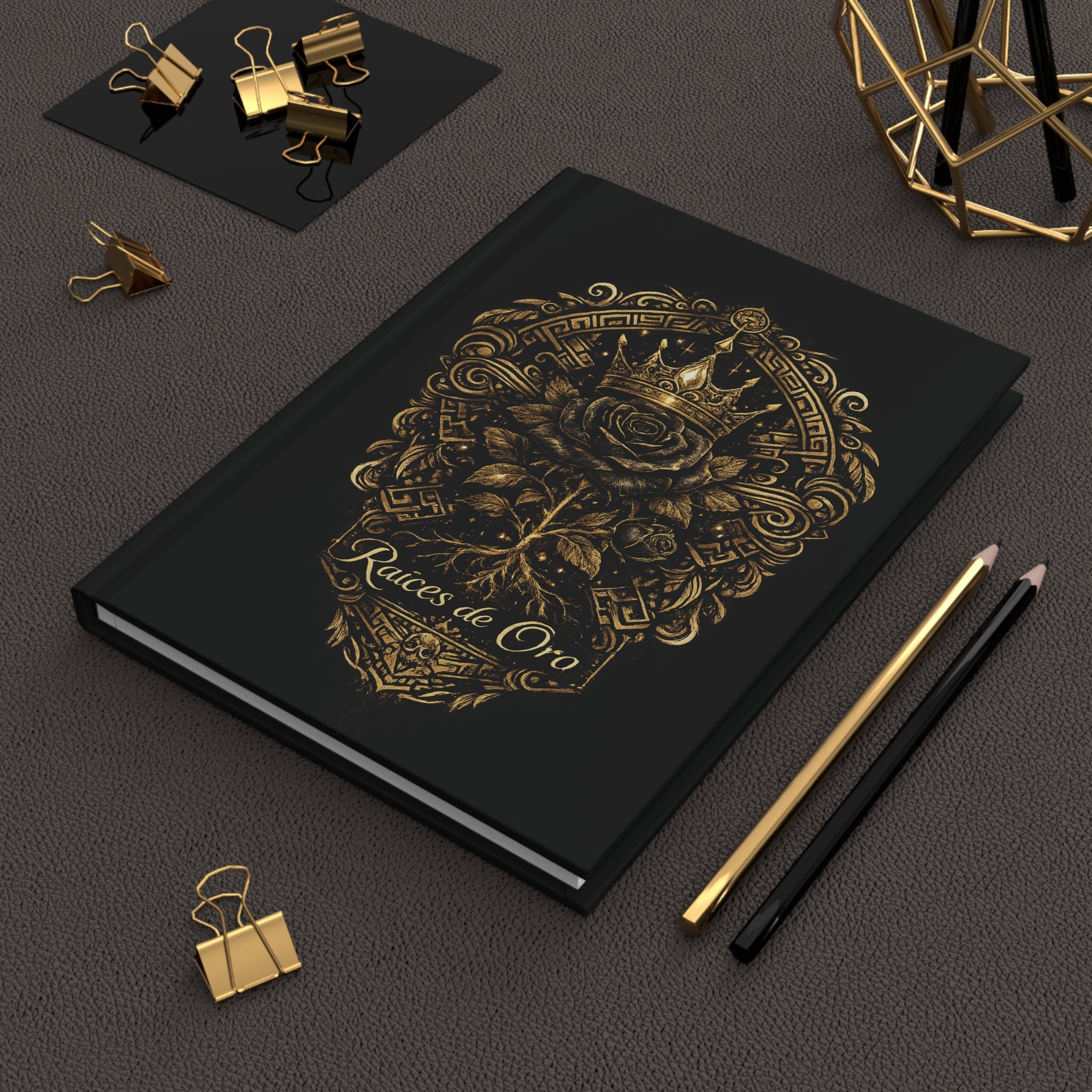 Hardcover Journal — 'Raíces de Oro' Gold Crown Rose Matte Hardcover