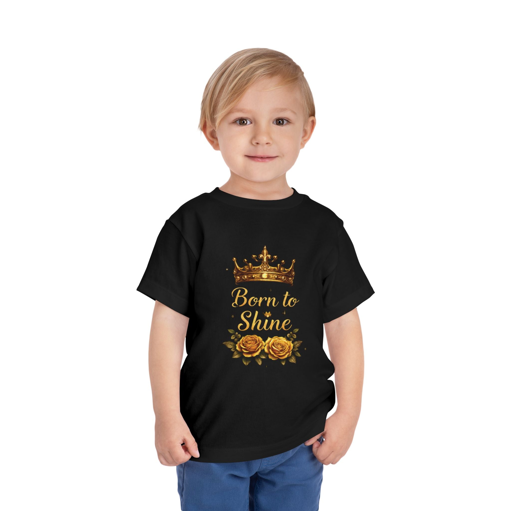 Toddler Tee — "Born to Shine" Gold Crown & Roses Toddler Shirt