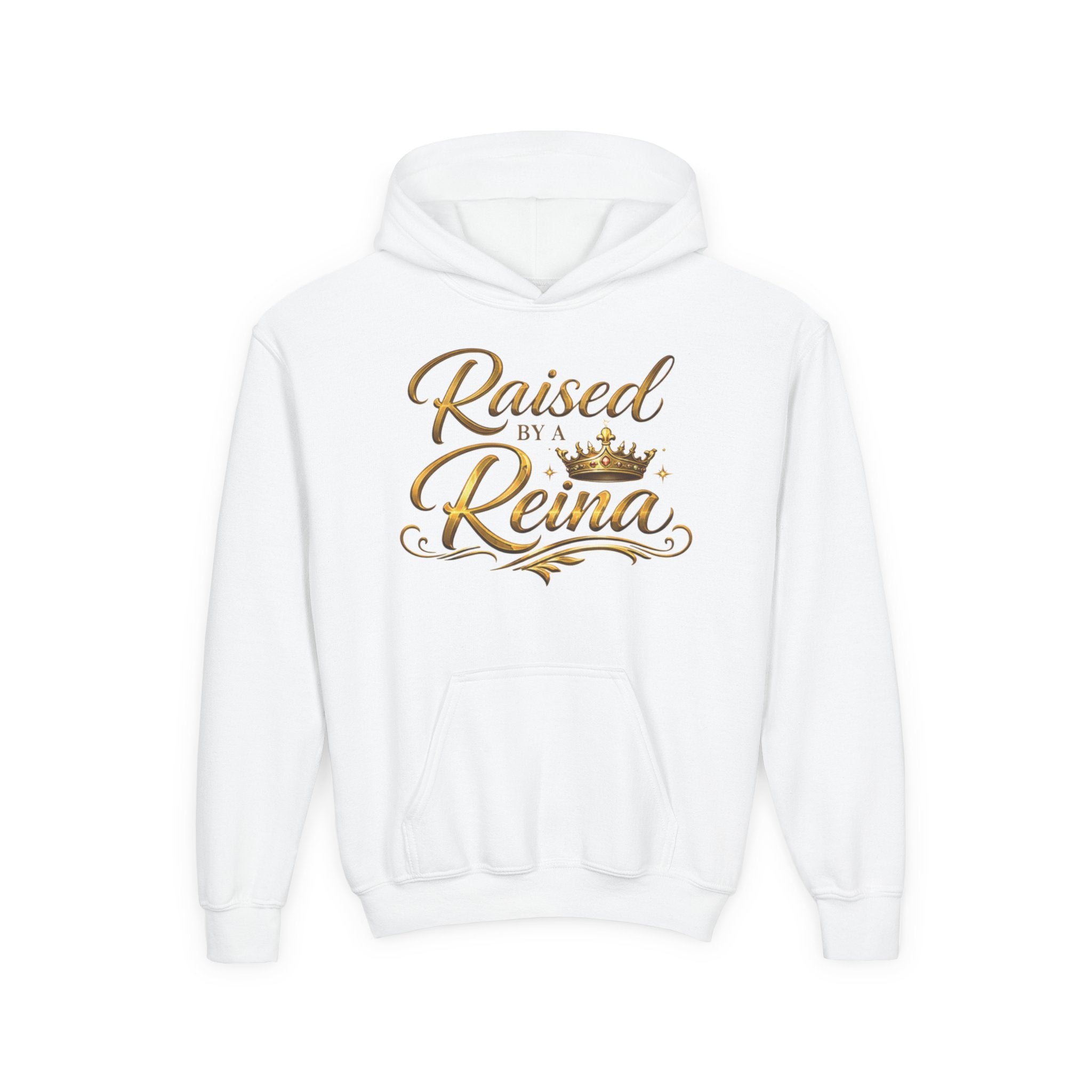 Raised by a Reina Hoodie | Gold Script Crown Youth Hoodie