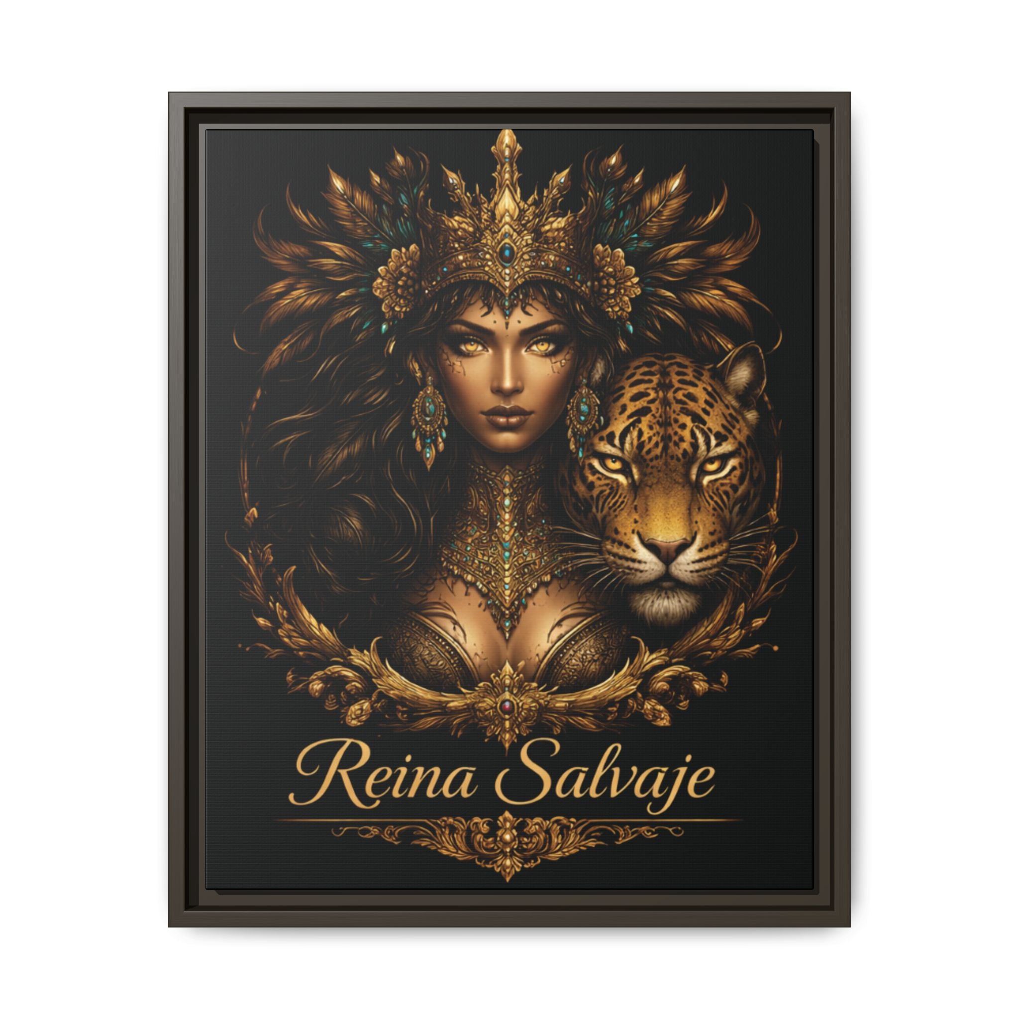 Reina Salvaje Matte Framed Canvas Art — Golden Goddess & Tiger Wall Decor