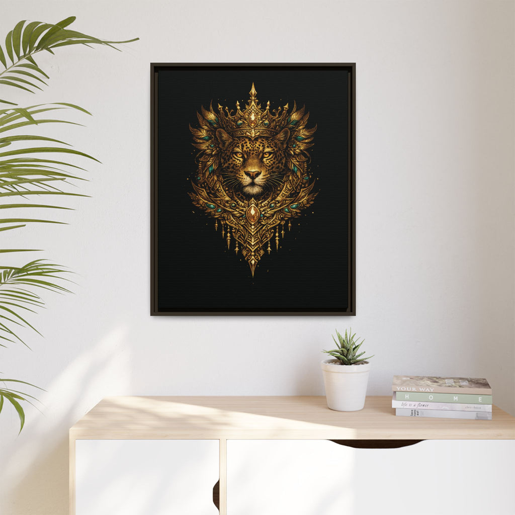 Golden Crowned Jaguar Canvas Art — Gold Crowned Lion Matte Framed Print