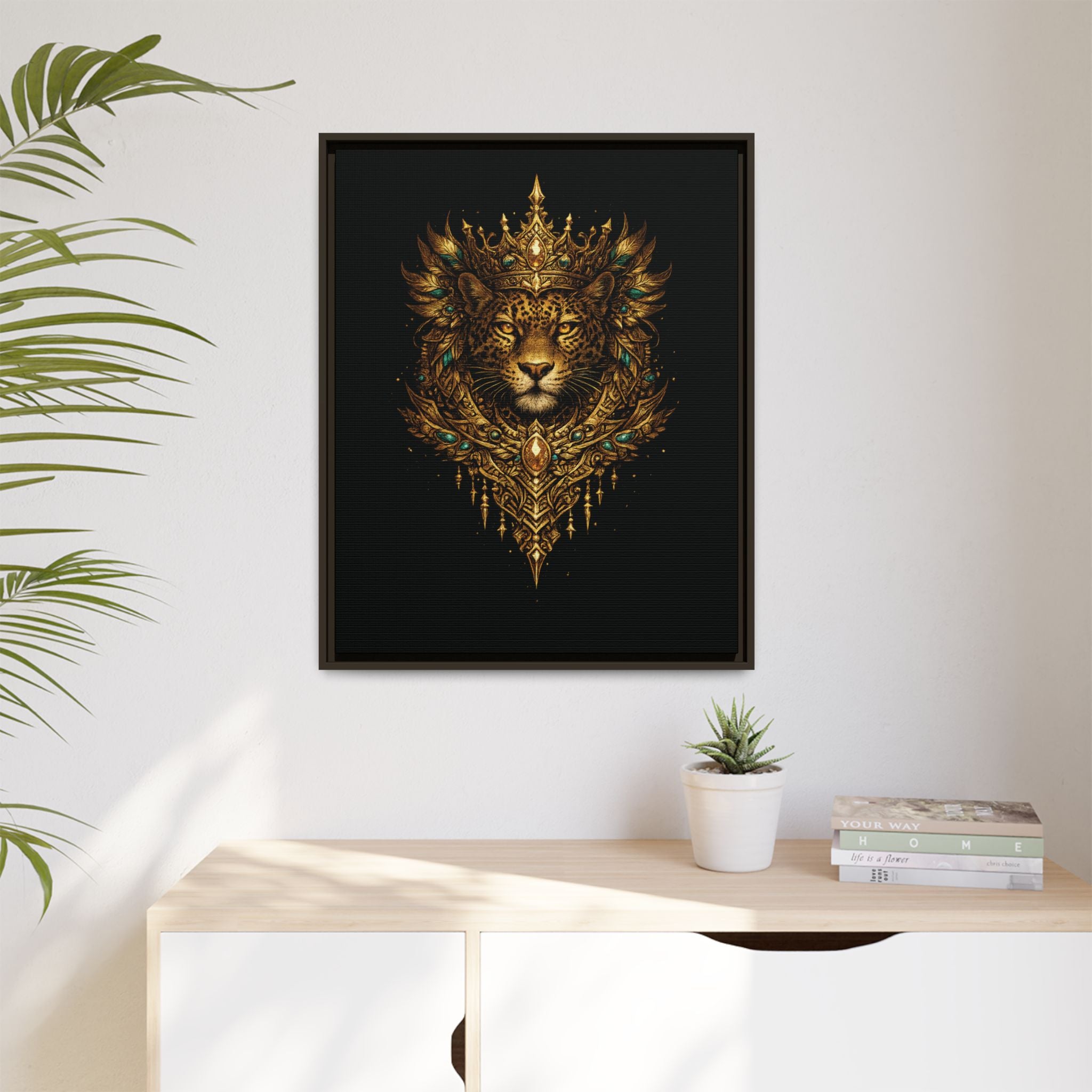 Golden Crowned Jaguar Canvas Art — Gold Crowned Lion Matte Framed Print