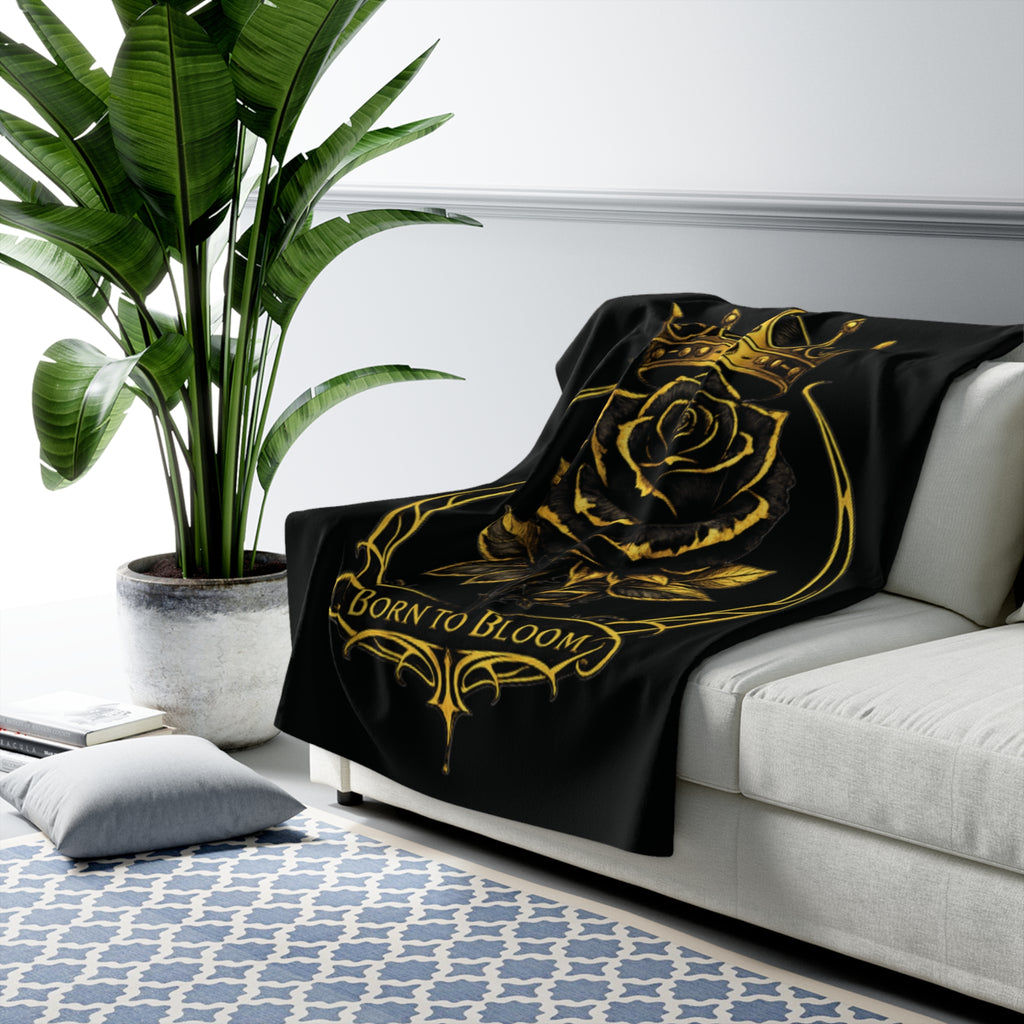 Born to Bloom Rose Crown Sherpa Fleece Blanket | Gold Floral Emblem