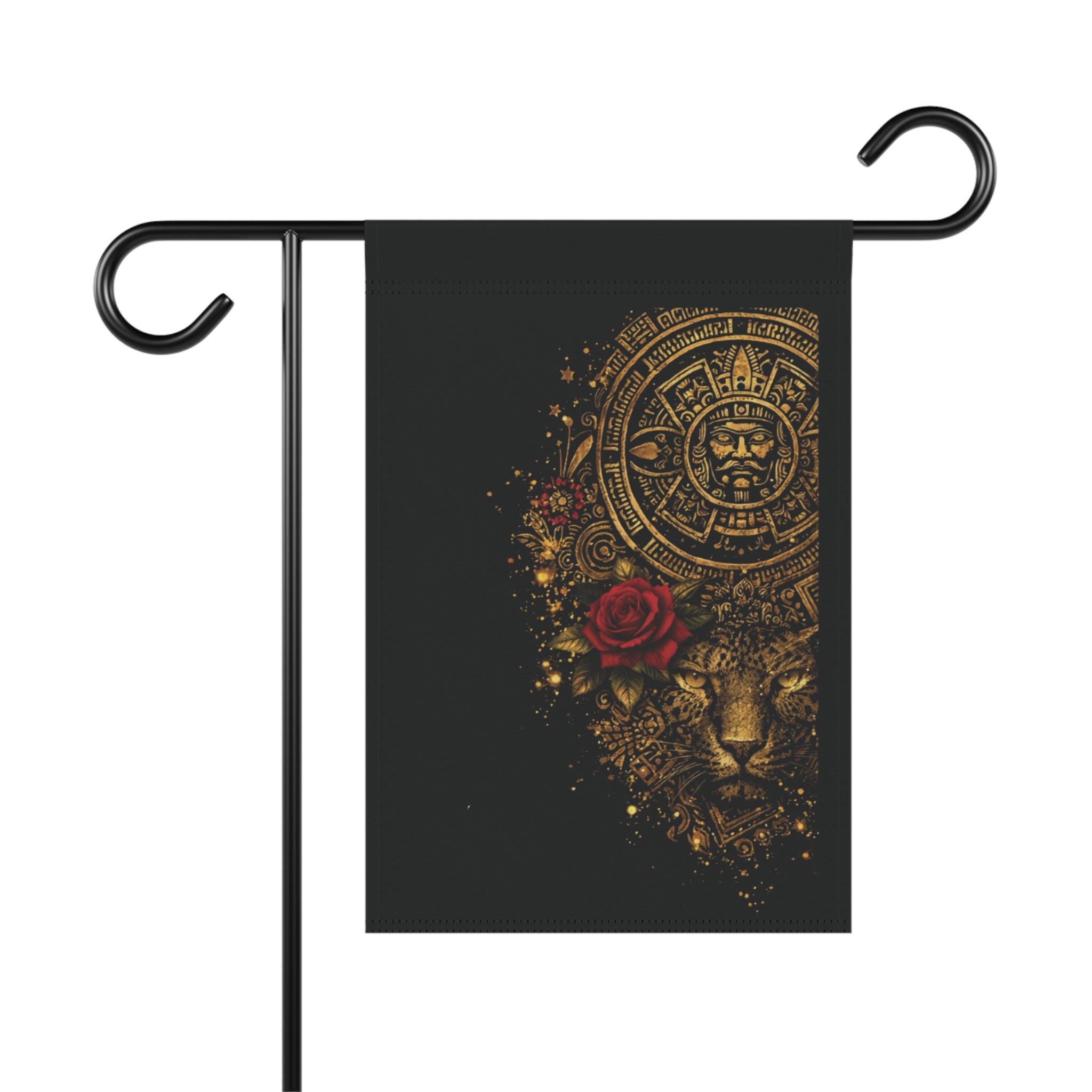 Garden Flag — Golden Aztec Jaguar with Red Rose Decorative House Banner