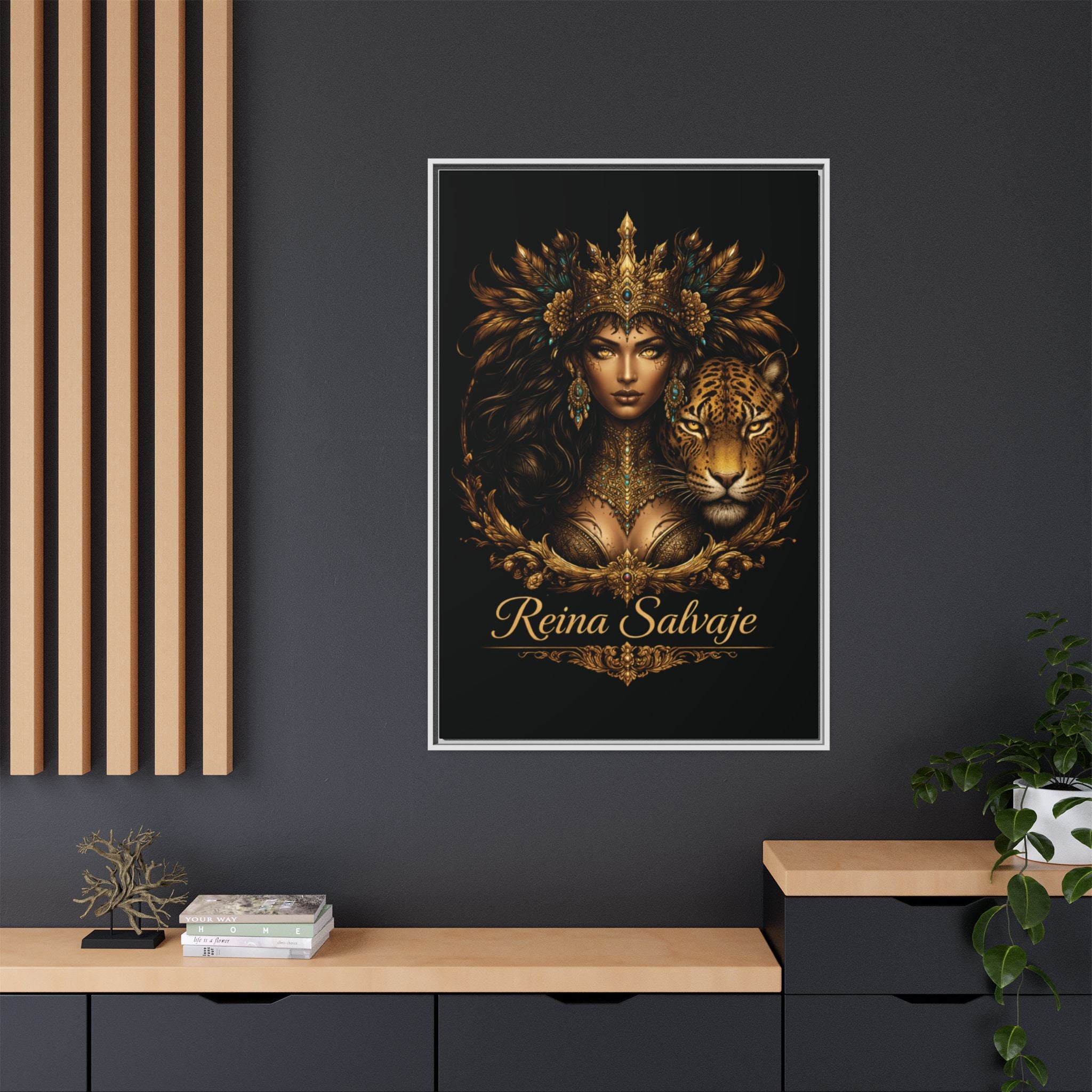 Reina Salvaje Matte Framed Canvas Art — Golden Goddess & Tiger Wall Decor