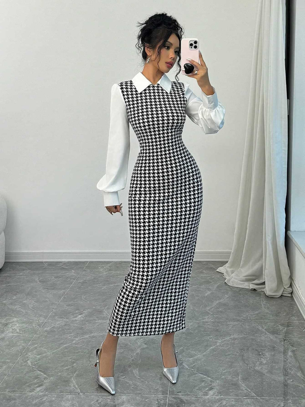 Elegant Fitted Bubble Sleeve Dress with Houndstooth Pattern, Bodycon Long Dress