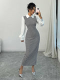 Elegant Fitted Bubble Sleeve Dress with Houndstooth Pattern, Bodycon Long Dress