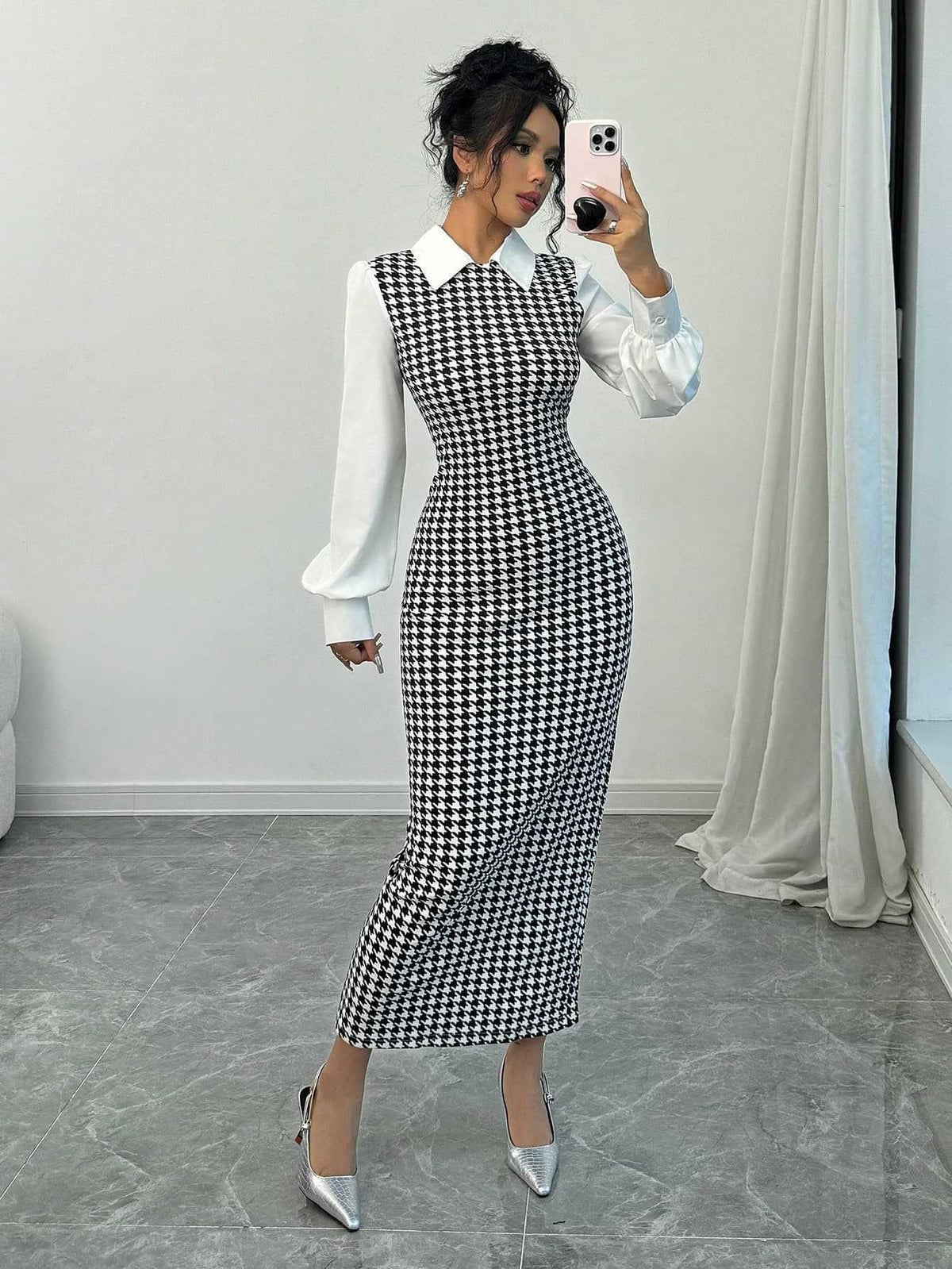 Elegant Fitted Bubble Sleeve Dress with Houndstooth Pattern, Bodycon Long Dress