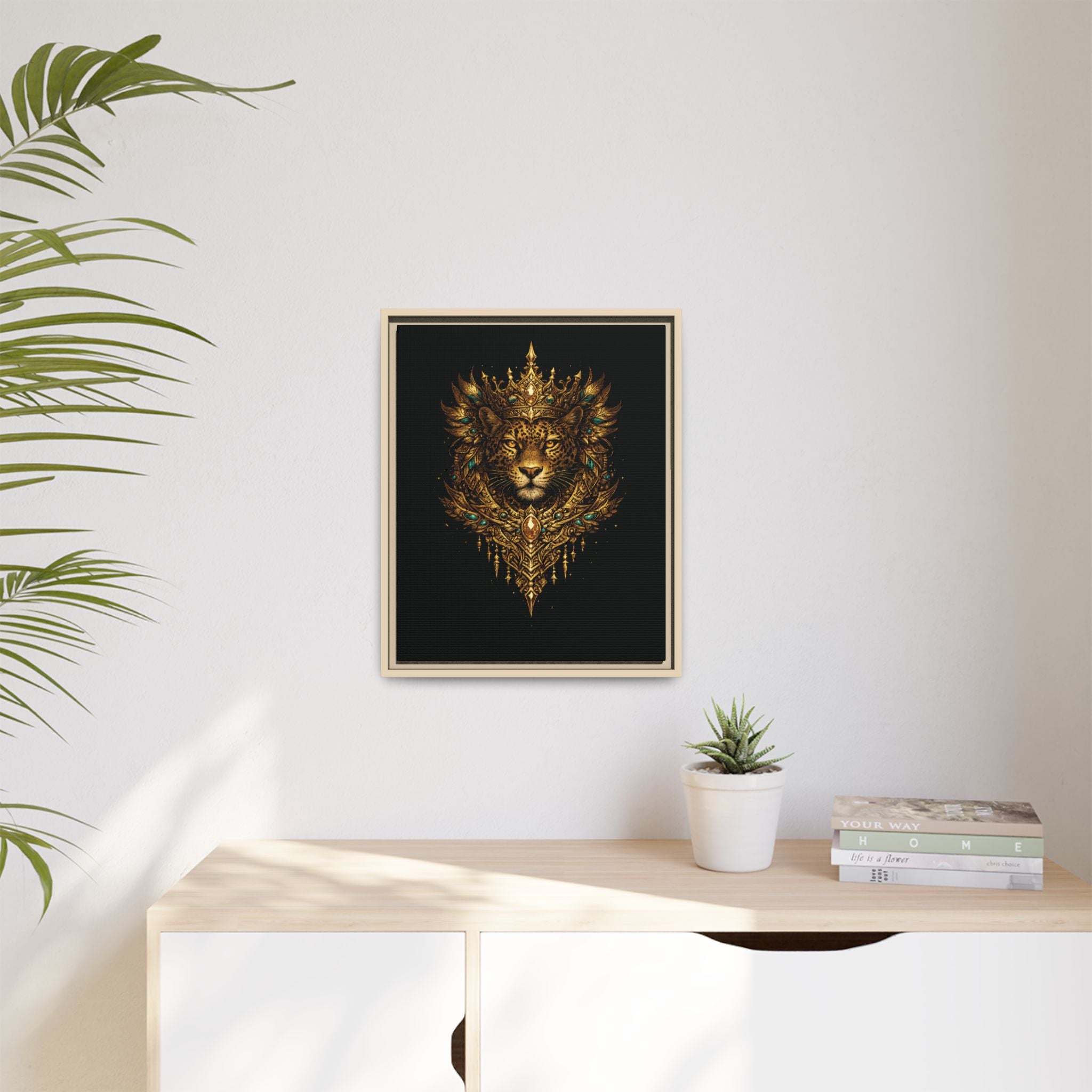 Golden Crowned Jaguar Canvas Art — Gold Crowned Lion Matte Framed Print