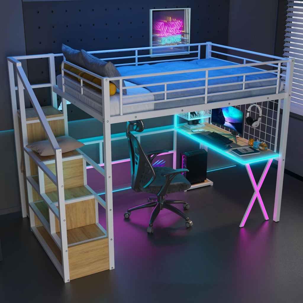 Loft Bed with Built-In Work Station, Wardrobe & Storage Staircase – White or Black