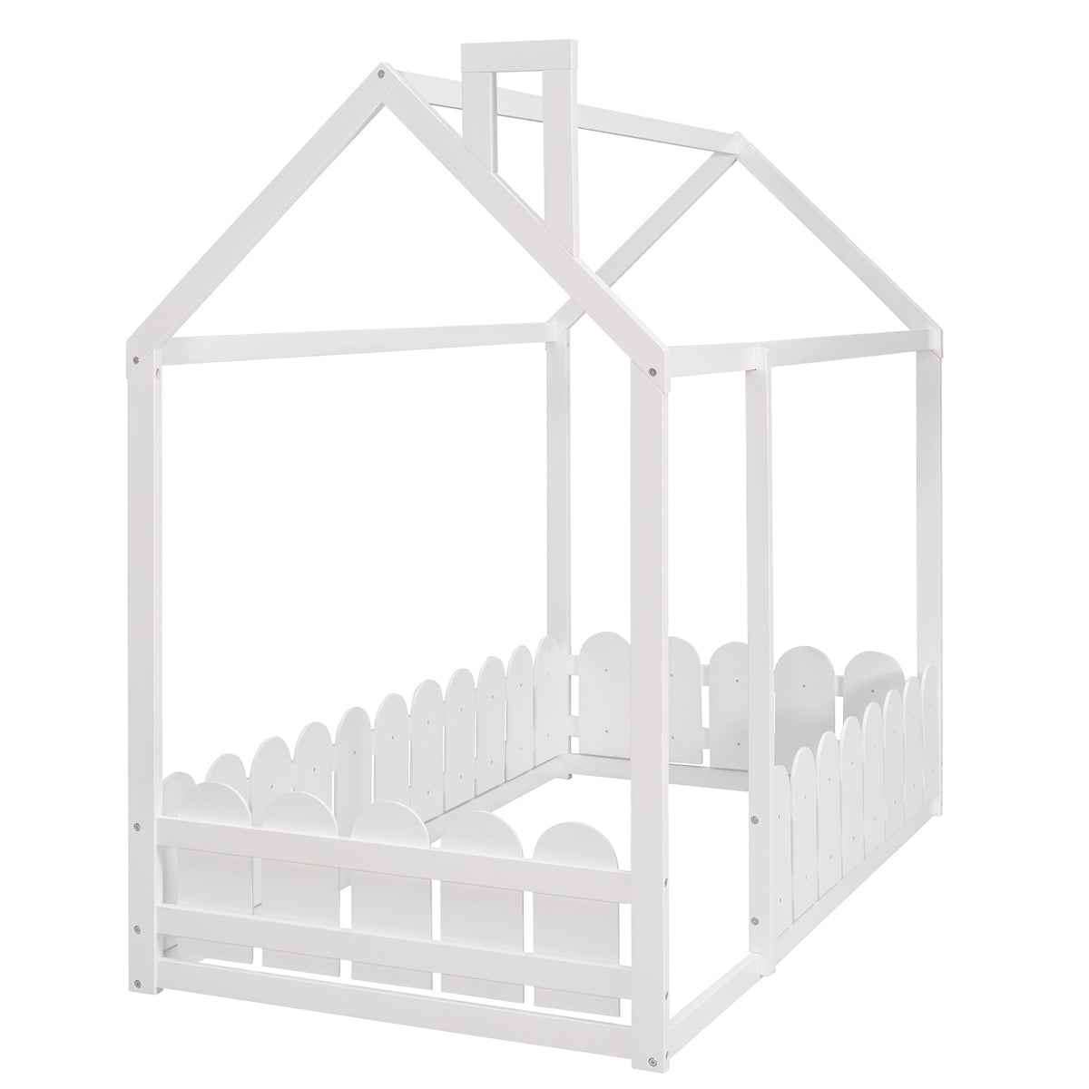 {Slats are not included}Twin Size Wood Bed House Bed Frame with Fence for KidsTeens Girls Boys {White}