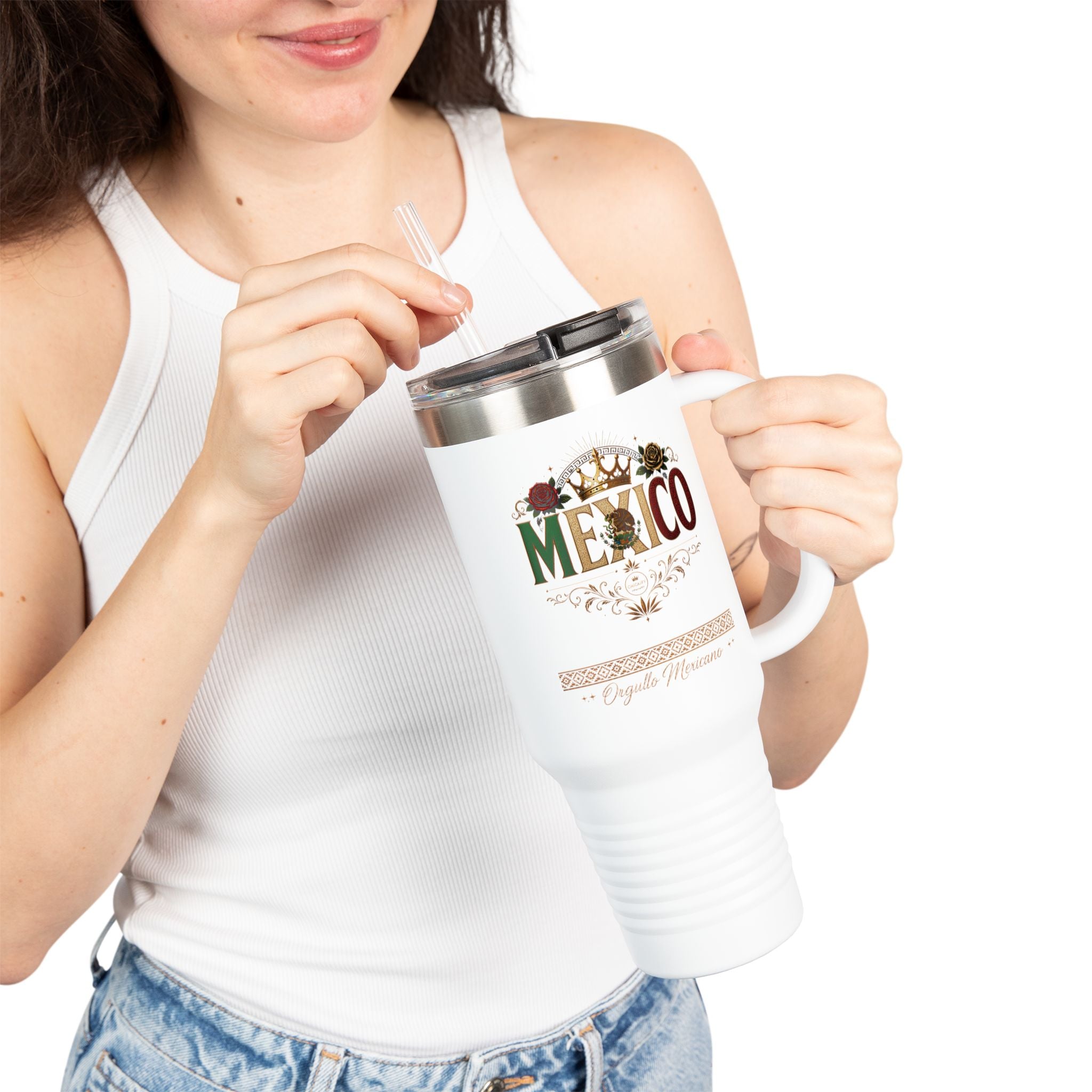 Orgullo Mexicano 40oz Insulated Travel Mug — Mexico Graphic, Vintage Floral Design