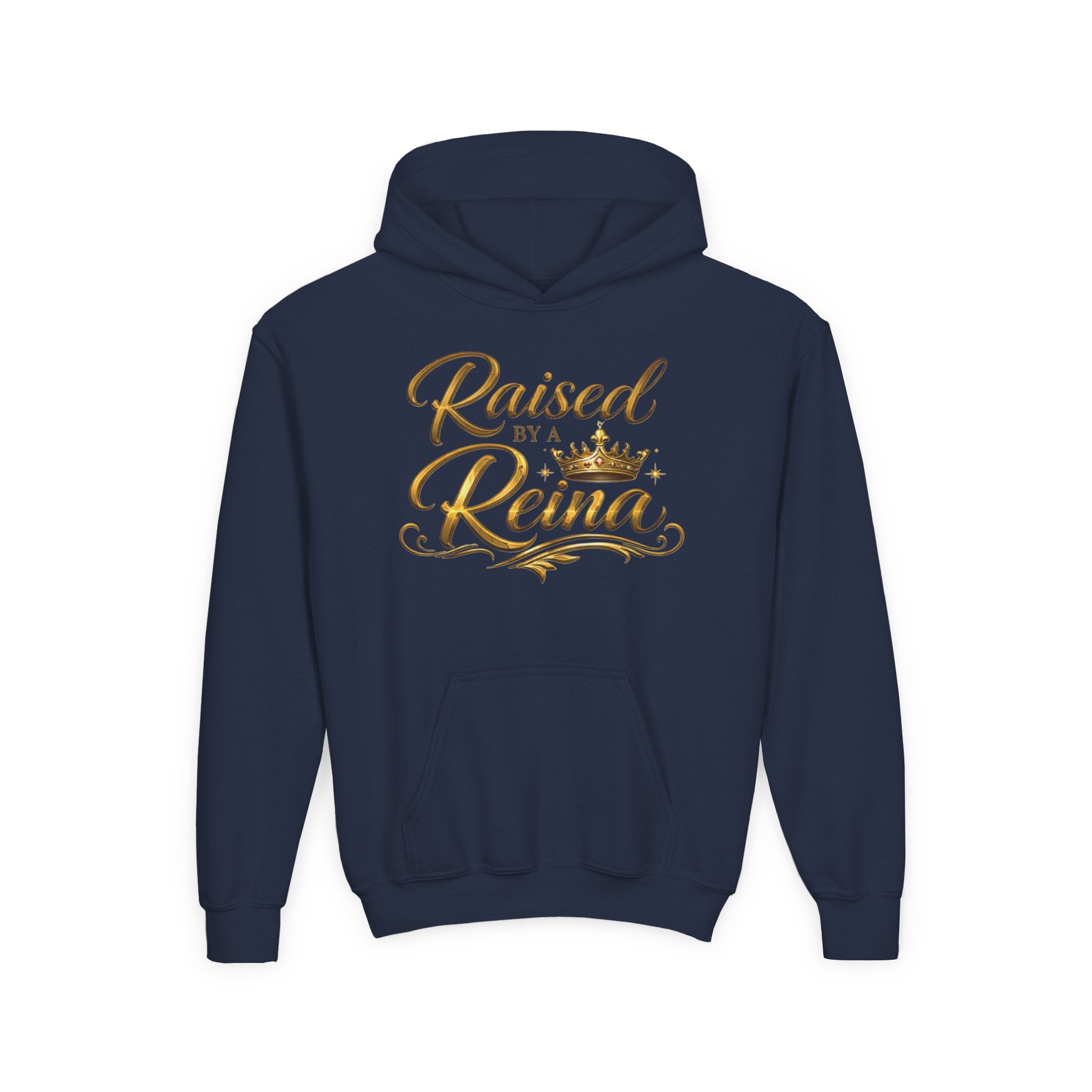 Youth Hoodie — "Raised by a Reina" Gold Script Kids Sweatshirt